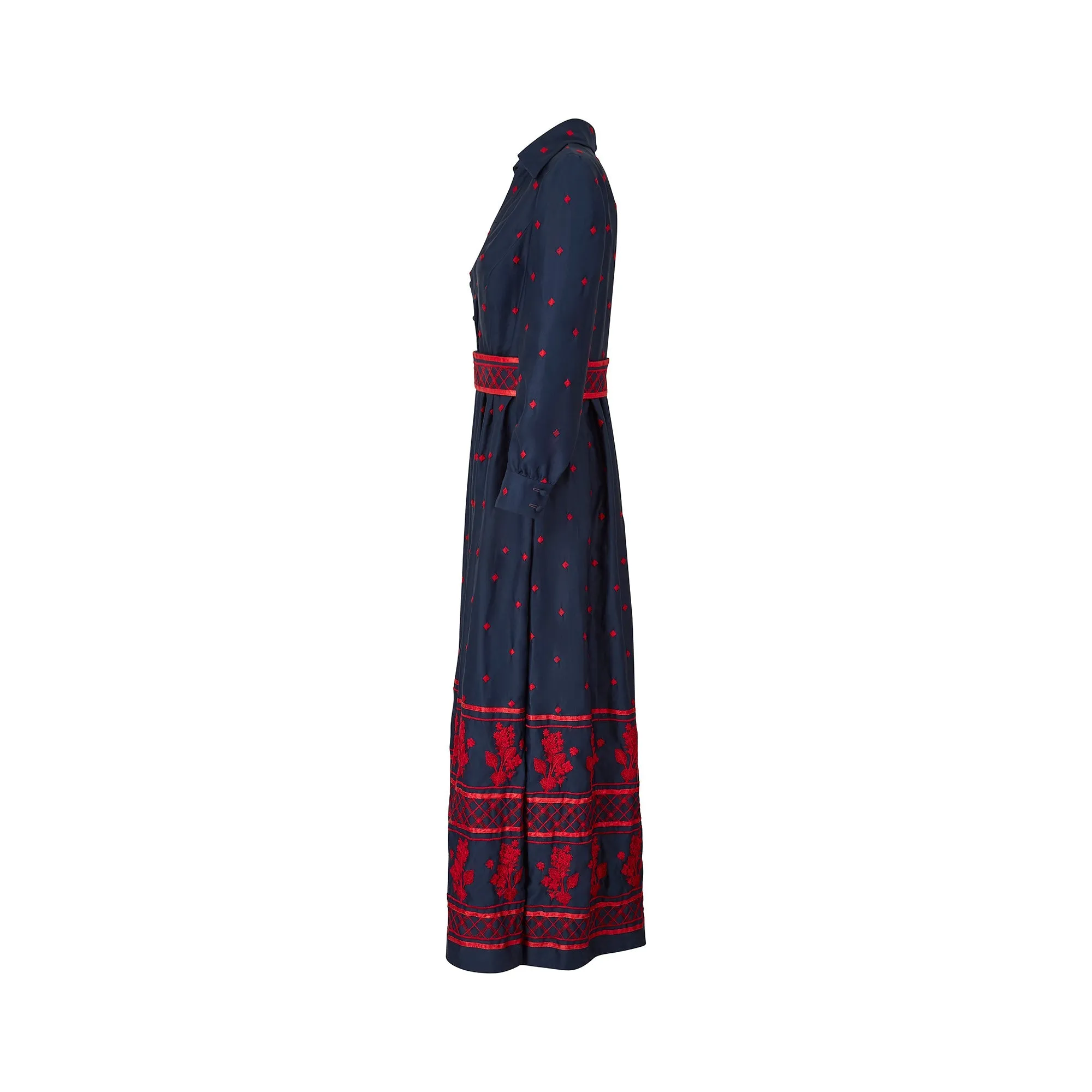 1970s Brenner Couture Navy and Red Embroidered Maxi Dress