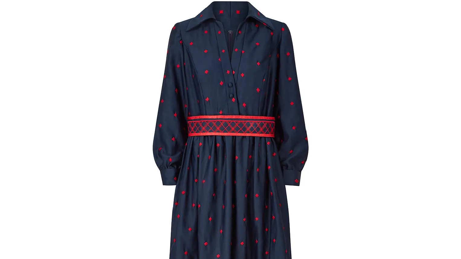 1970s Brenner Couture Navy and Red Embroidered Maxi Dress