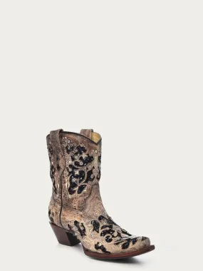 A4190 - WOMEN'S BLACK GLITTER INLAY FLORAL OVERLAY WITH CRYSTALS AND STUDS SNIP TOE BROWN ANKLE BOOT