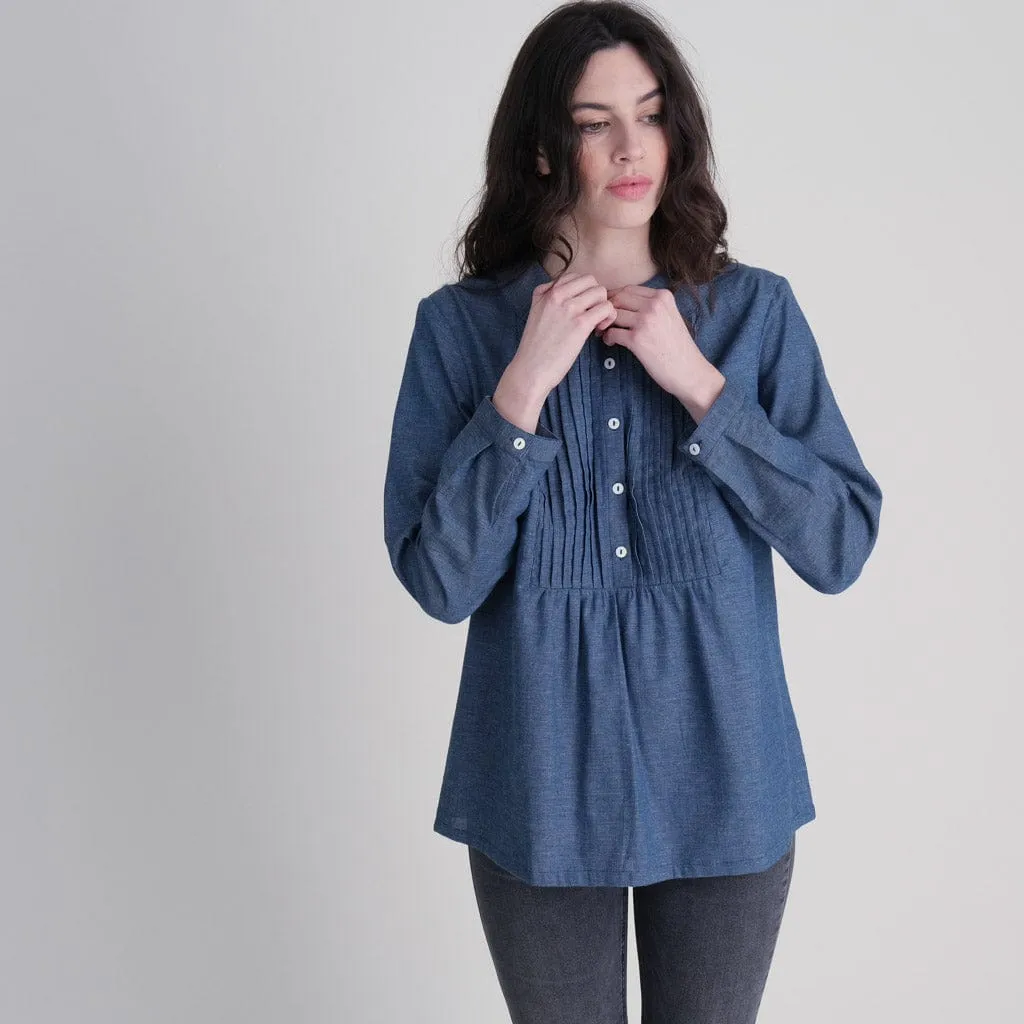 Adrianne Cotton Chambray Pleated Blouse | Blue