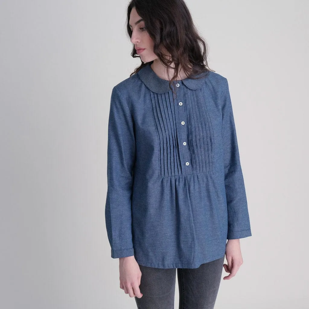 Adrianne Cotton Chambray Pleated Blouse | Blue