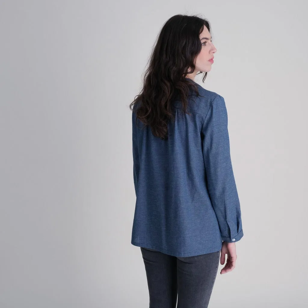 Adrianne Cotton Chambray Pleated Blouse | Blue