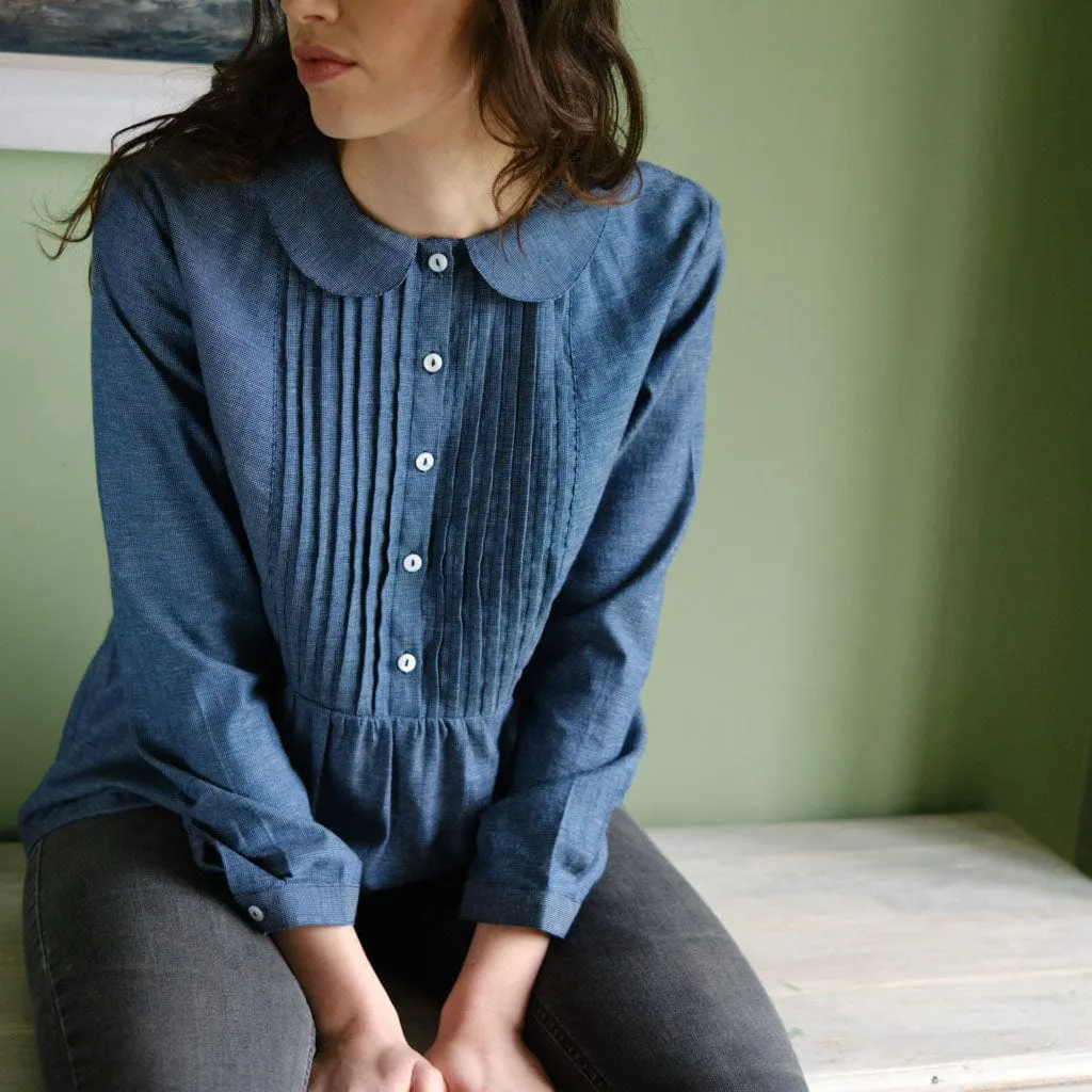 Adrianne Cotton Chambray Pleated Blouse | Blue