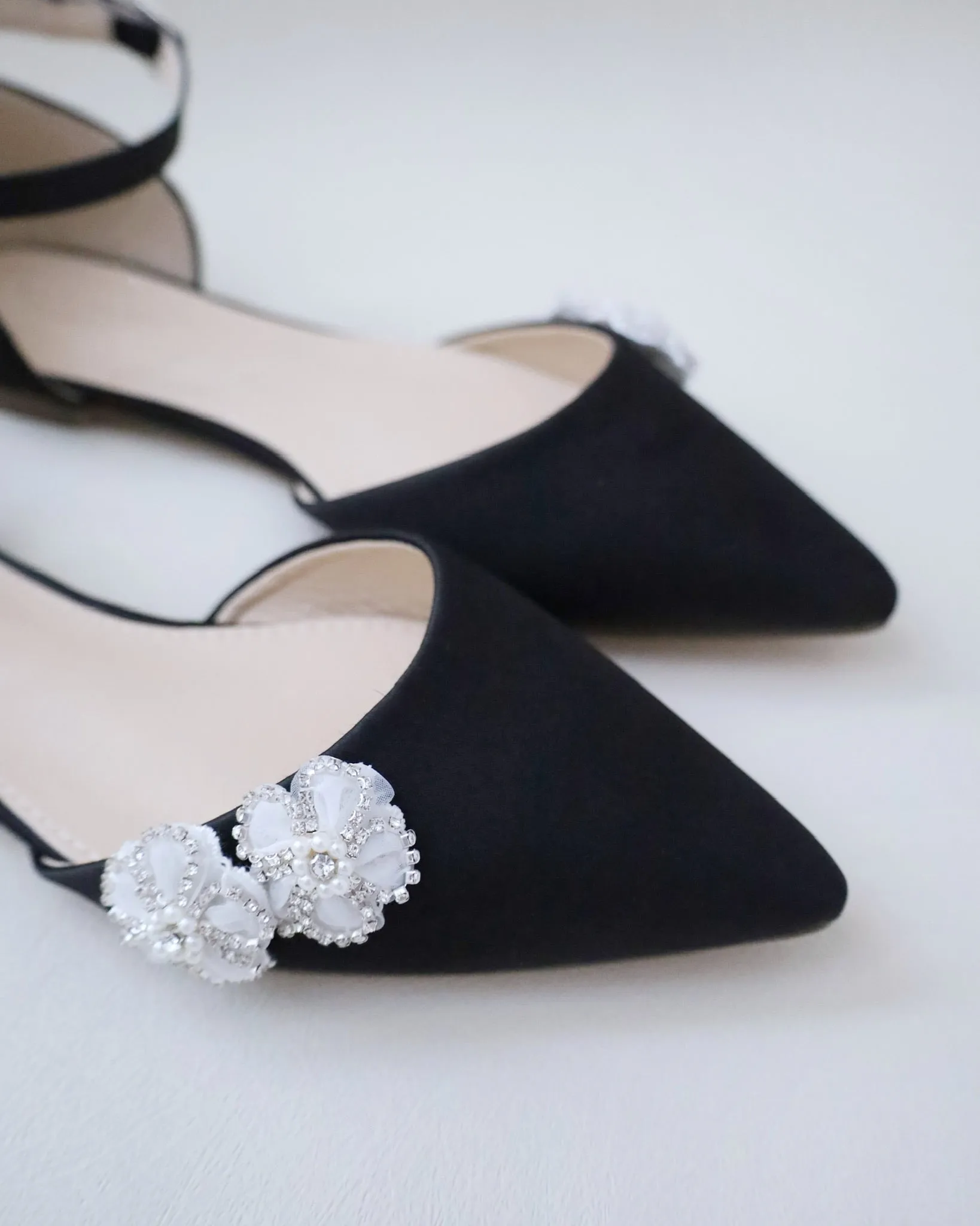 Black Satin Pointy Toe Evening Flats with Rhinestones Chassia Flower