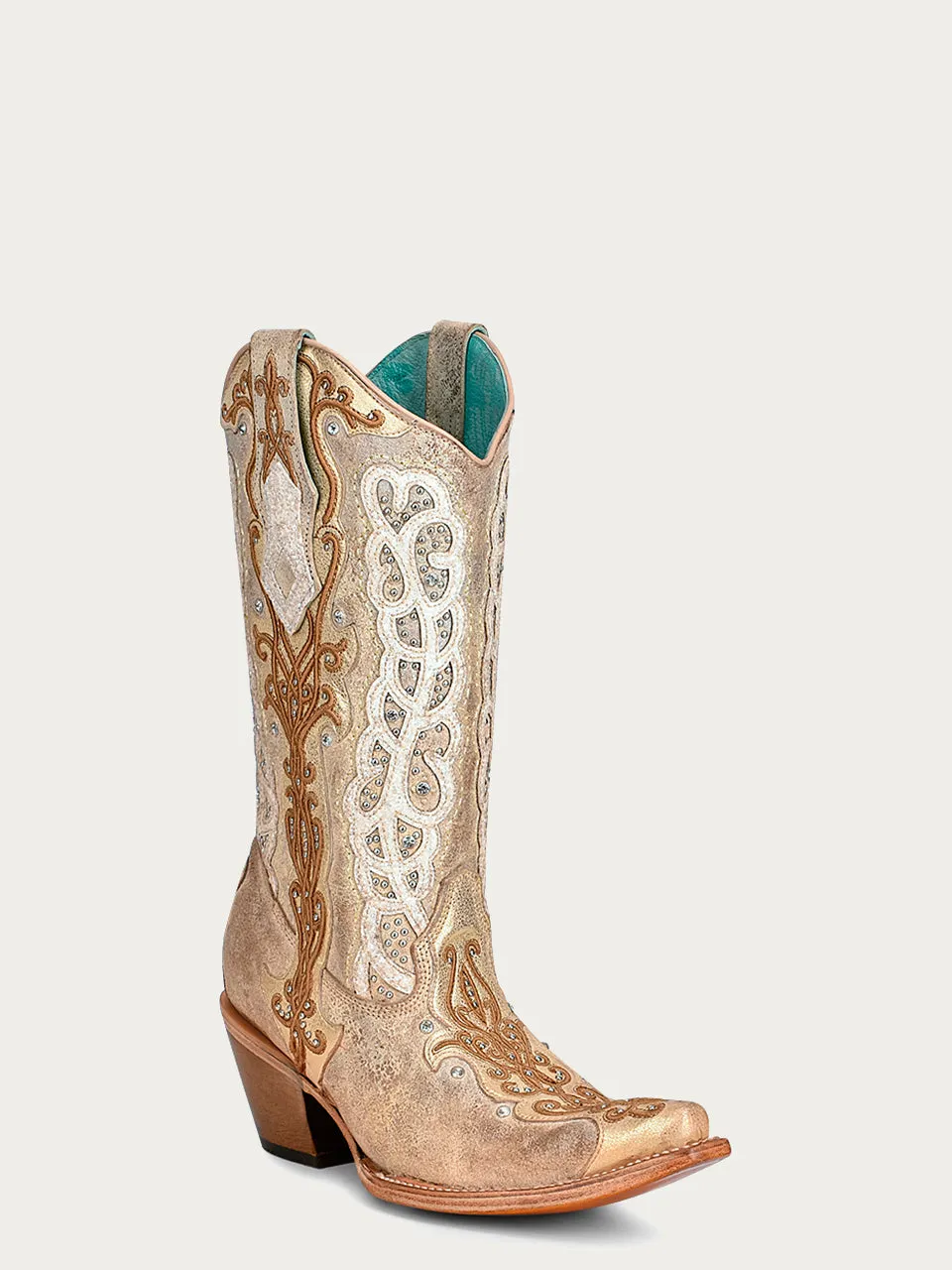 C3895 - WOMEN'S WHITE EMBROIDERY GOLDEN OVERLAY WITH CRYSTALS AND STUDS SNIP TOE COWBOY BOOT