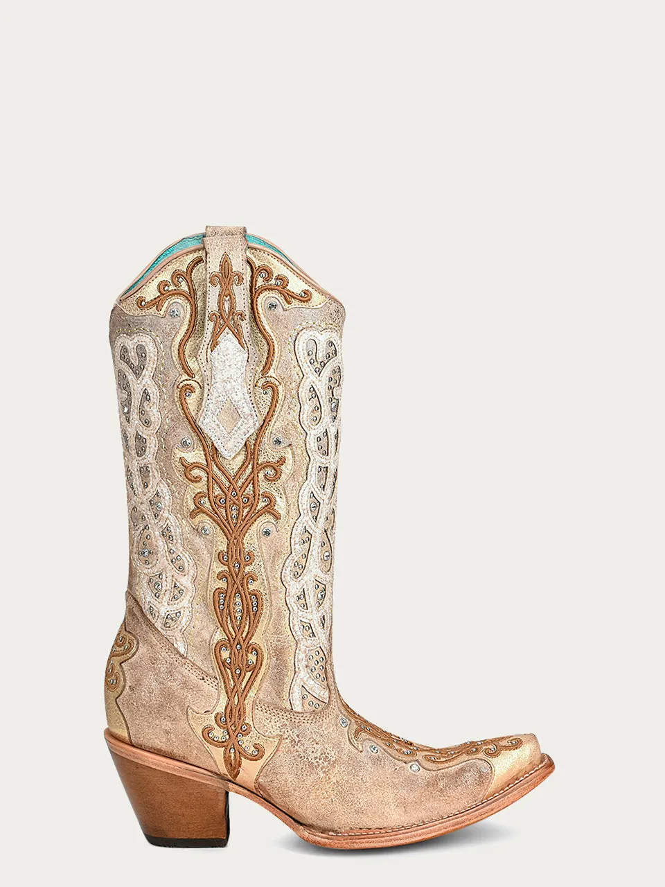 C3895 - WOMEN'S WHITE EMBROIDERY GOLDEN OVERLAY WITH CRYSTALS AND STUDS SNIP TOE COWBOY BOOT