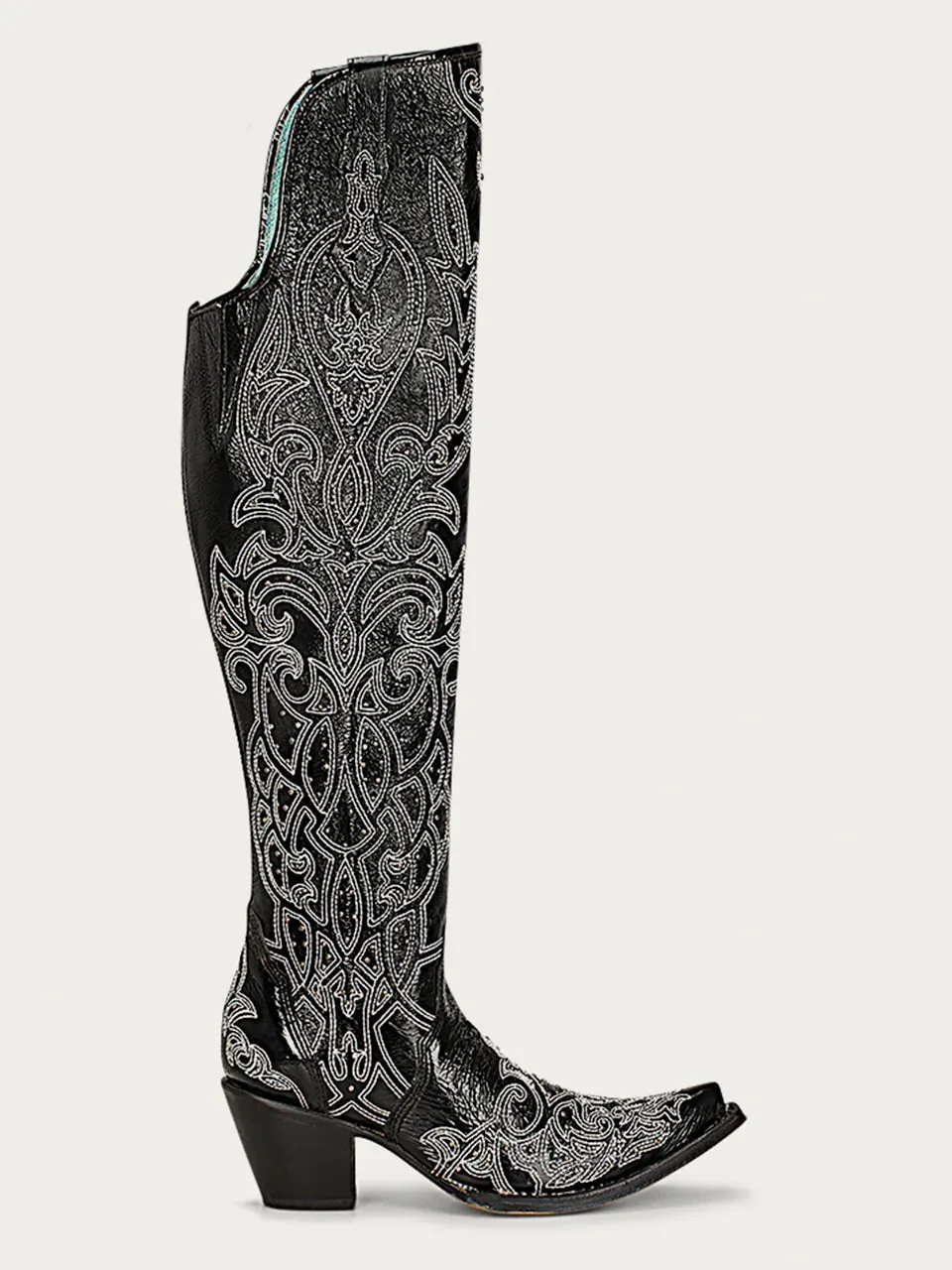 C3920 - WOMEN'S SILVER GLITTER OVERLAY EMBROIDERY AND STUDS BLACK TALL TOP SNIP TOE COWBOY BOOT