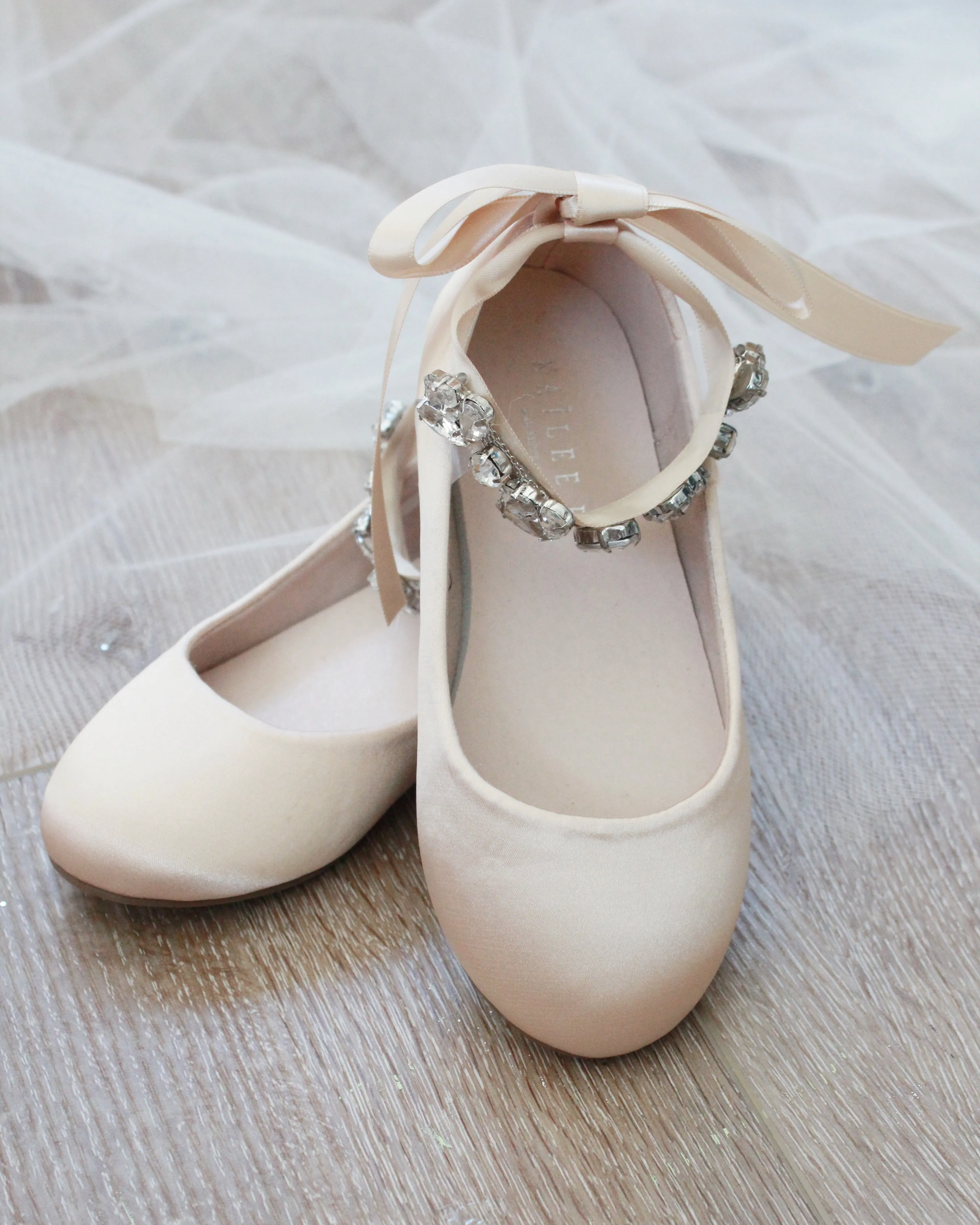 Champagne Satin Ballet Flats with Navette Cluster Rhinestones