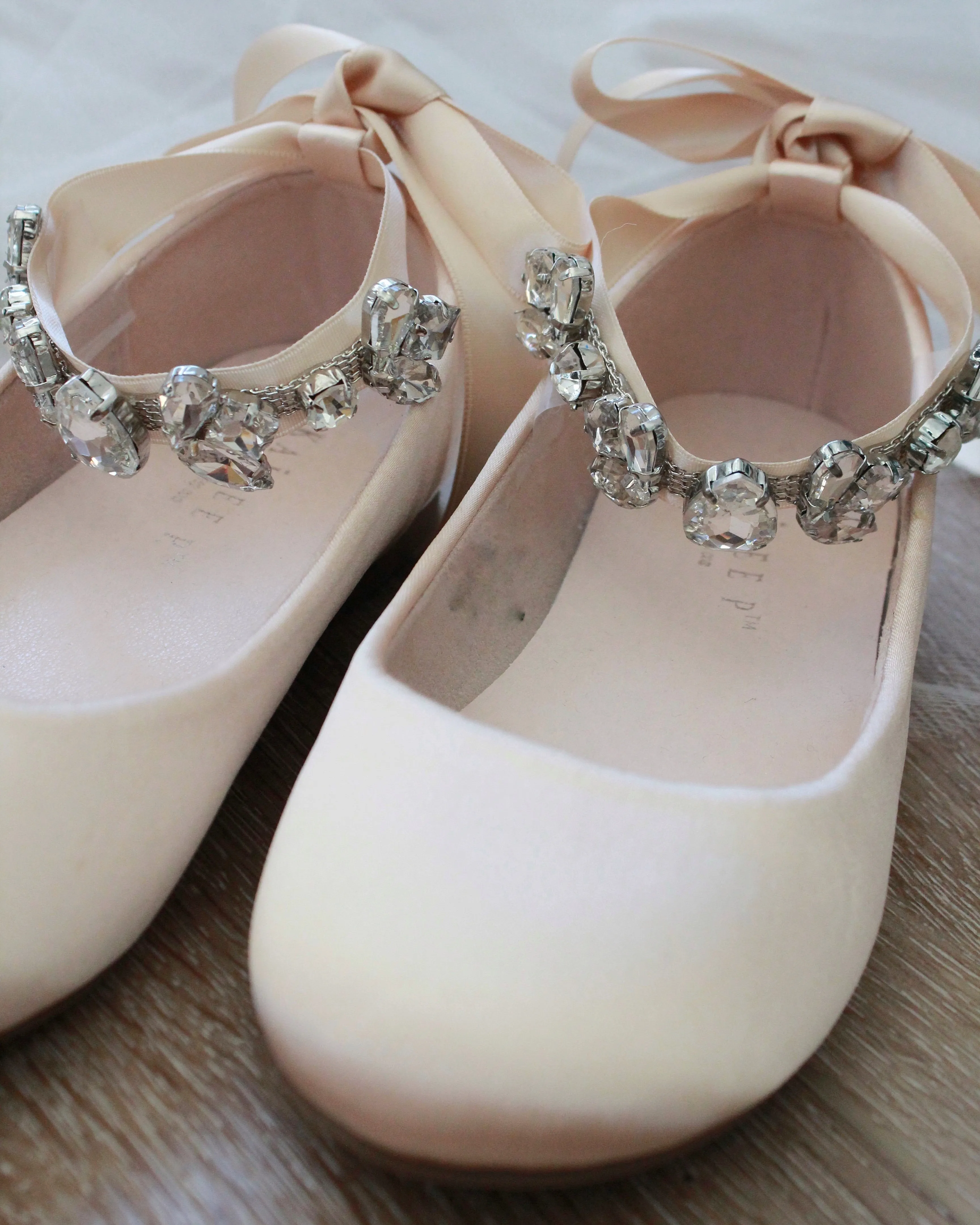 Champagne Satin Ballet Flats with Navette Cluster Rhinestones