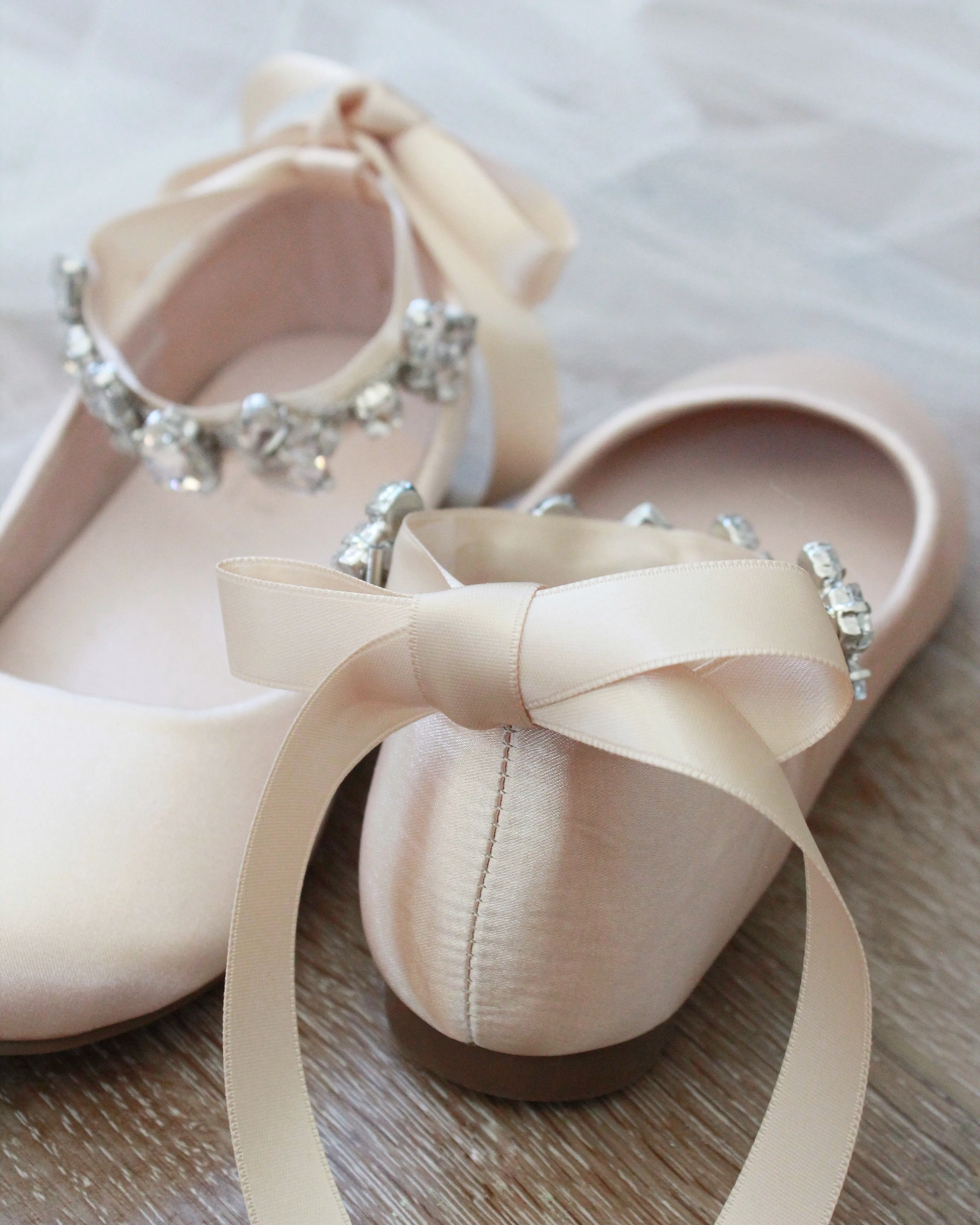 Champagne Satin Ballet Flats with Navette Cluster Rhinestones