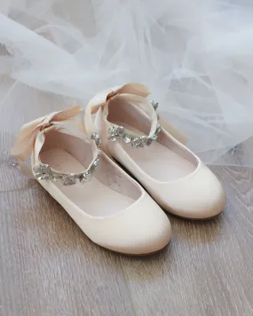 Champagne Satin Ballet Flats with Navette Cluster Rhinestones