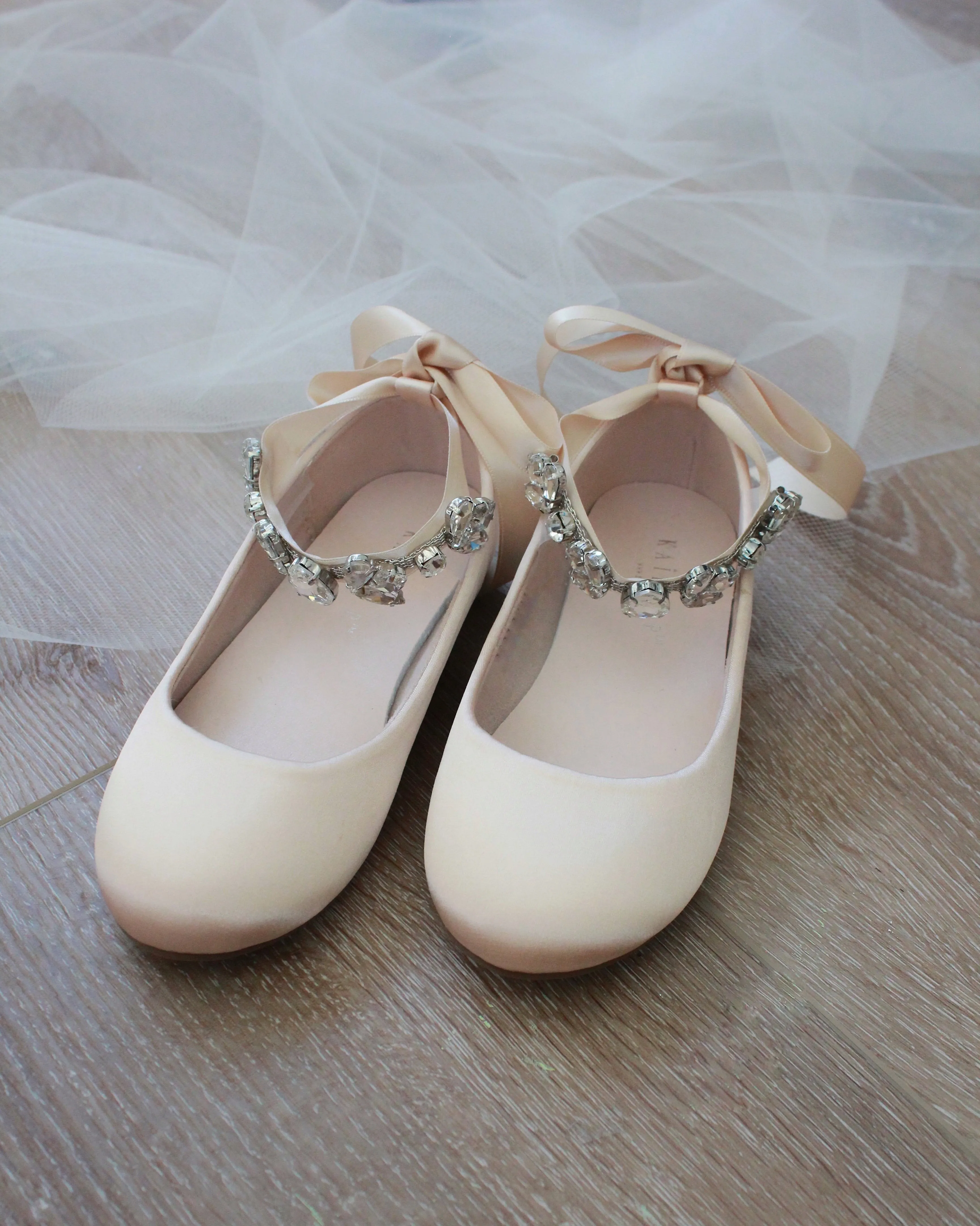 Champagne Satin Ballet Flats with Navette Cluster Rhinestones