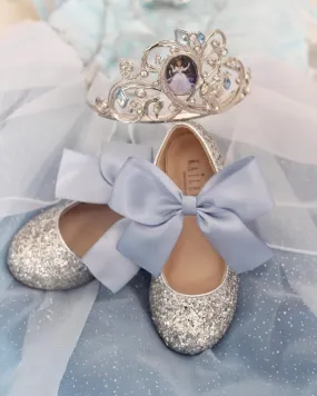 CINDERELLA INSPIRED - Silver Rock Glitter Mary Jane with Dusty Blue Satin Bow