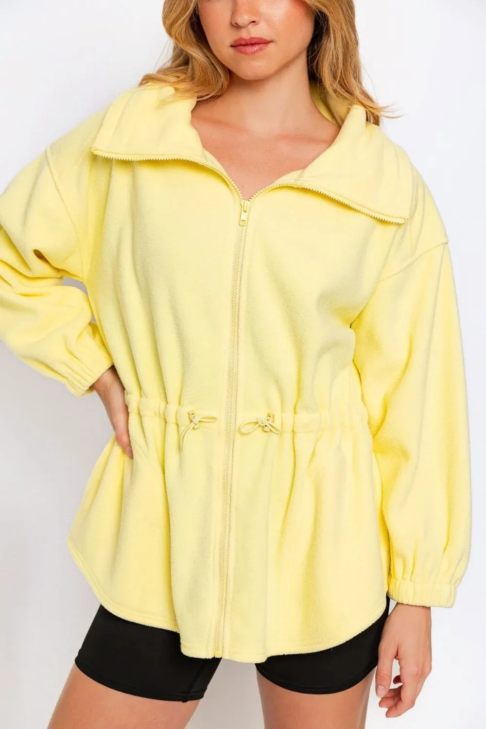 Citron Yellow Zip Up Waist Drawstring Soft Fleece Jacket