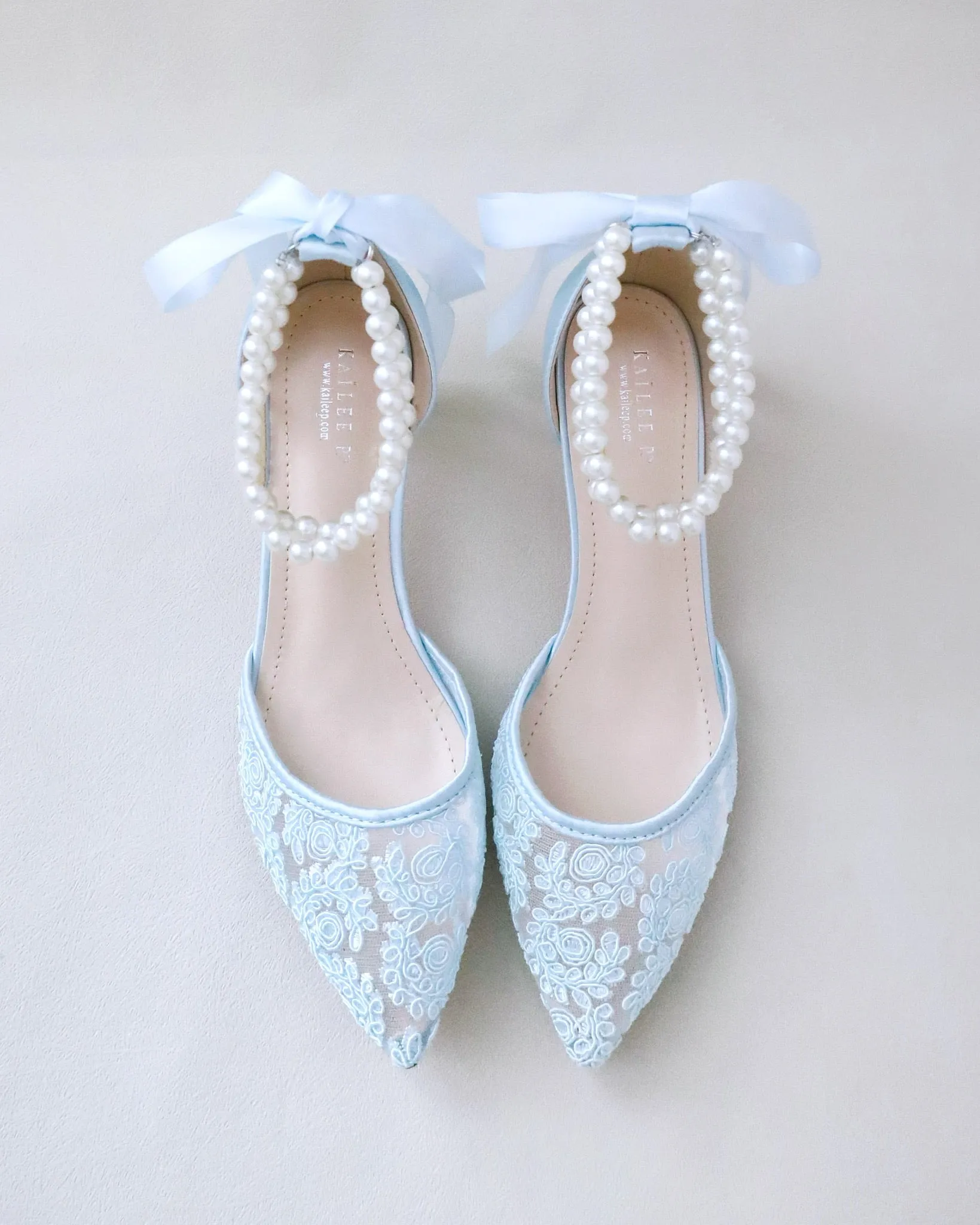 Crochet Lace Pointy Toe Wedding Low Heels with Double Pearl Strap