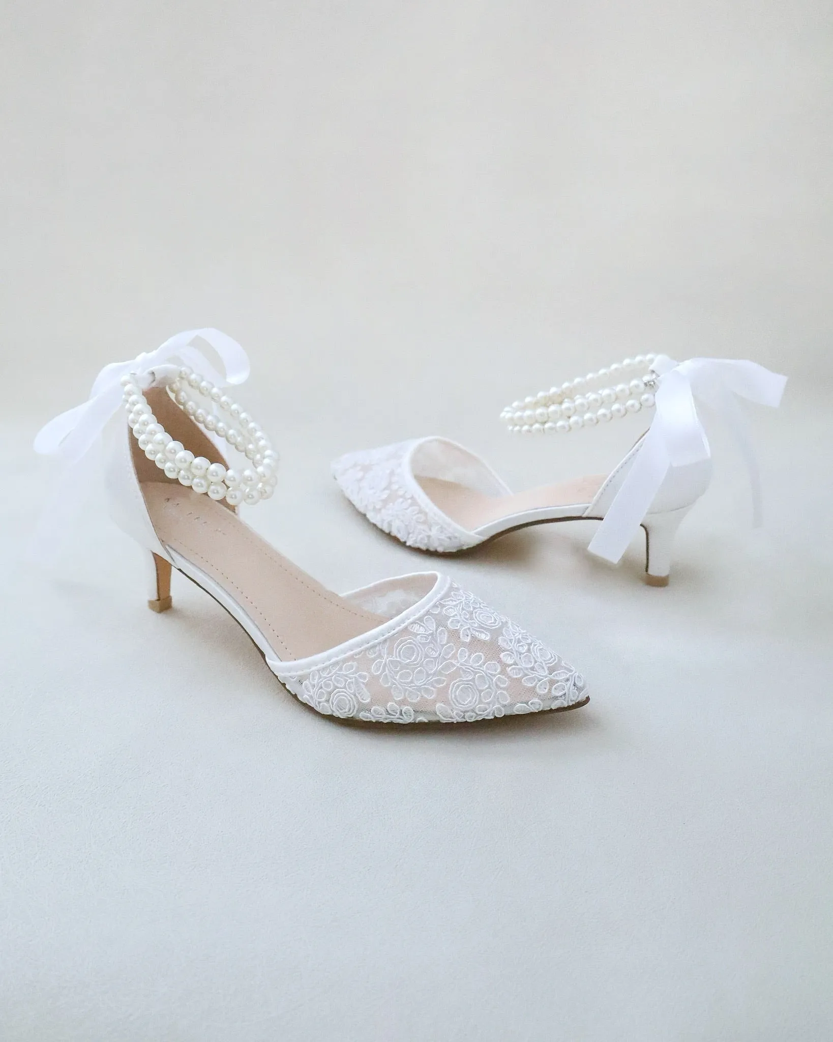 Crochet Lace Pointy Toe Wedding Low Heels with Double Pearl Strap