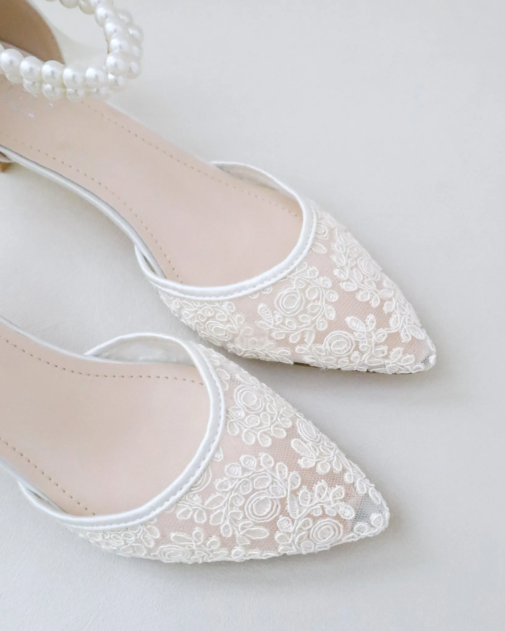 Crochet Lace Pointy Toe Wedding Low Heels with Double Pearl Strap