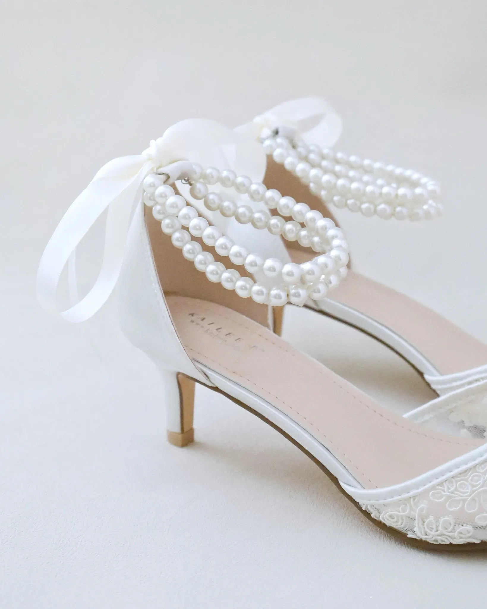 Crochet Lace Pointy Toe Wedding Low Heels with Double Pearl Strap