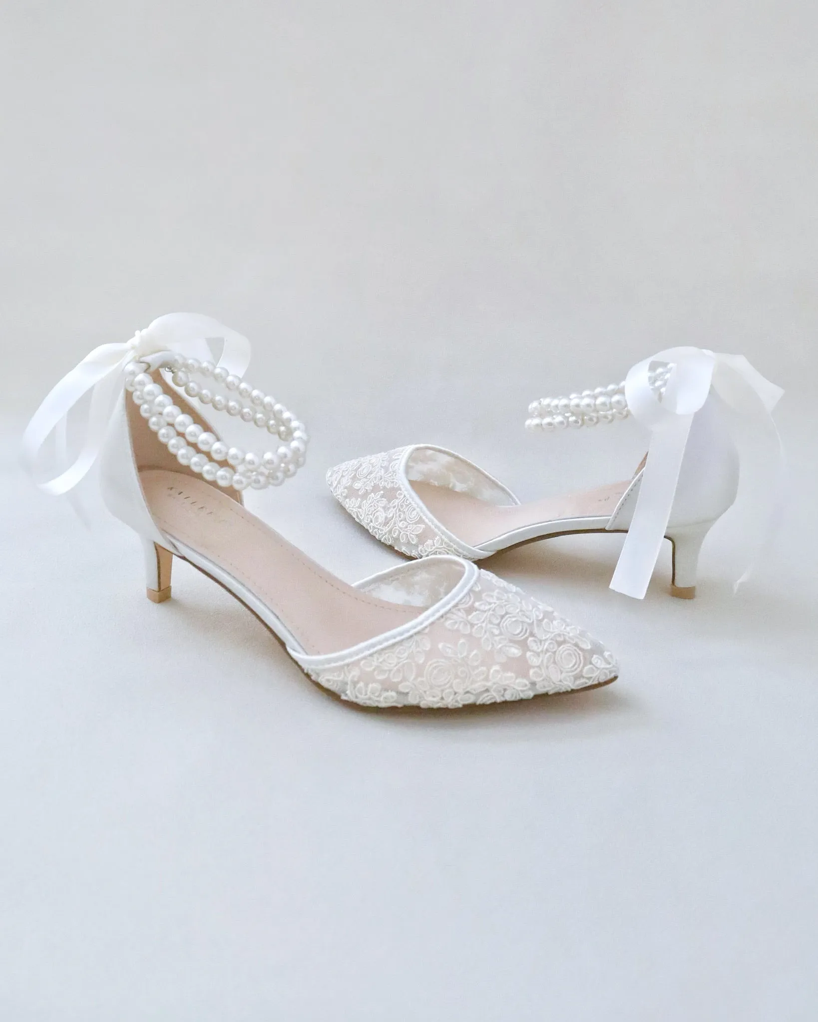 Crochet Lace Pointy Toe Wedding Low Heels with Double Pearl Strap