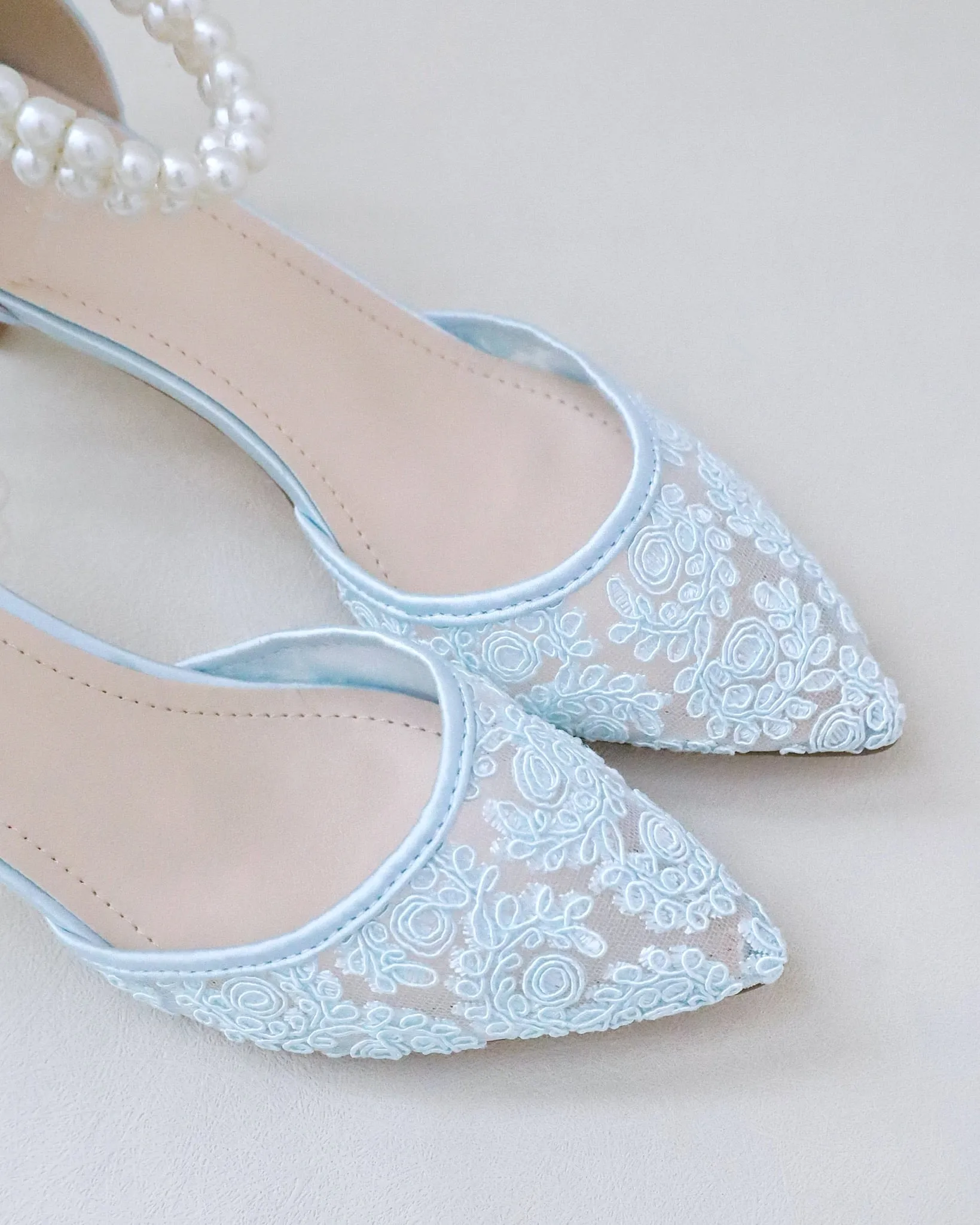 Crochet Lace Pointy Toe Wedding Low Heels with Double Pearl Strap