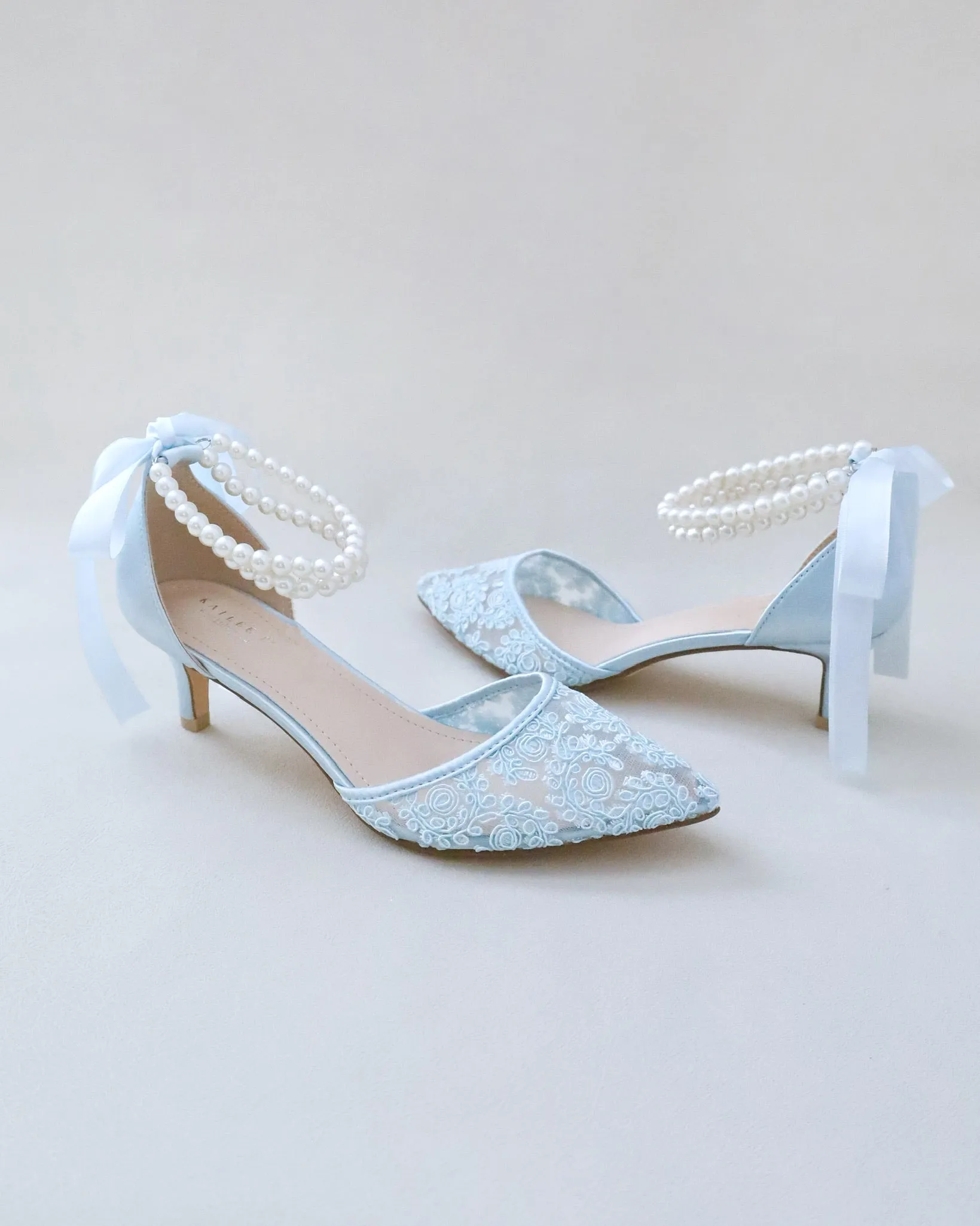 Crochet Lace Pointy Toe Wedding Low Heels with Double Pearl Strap