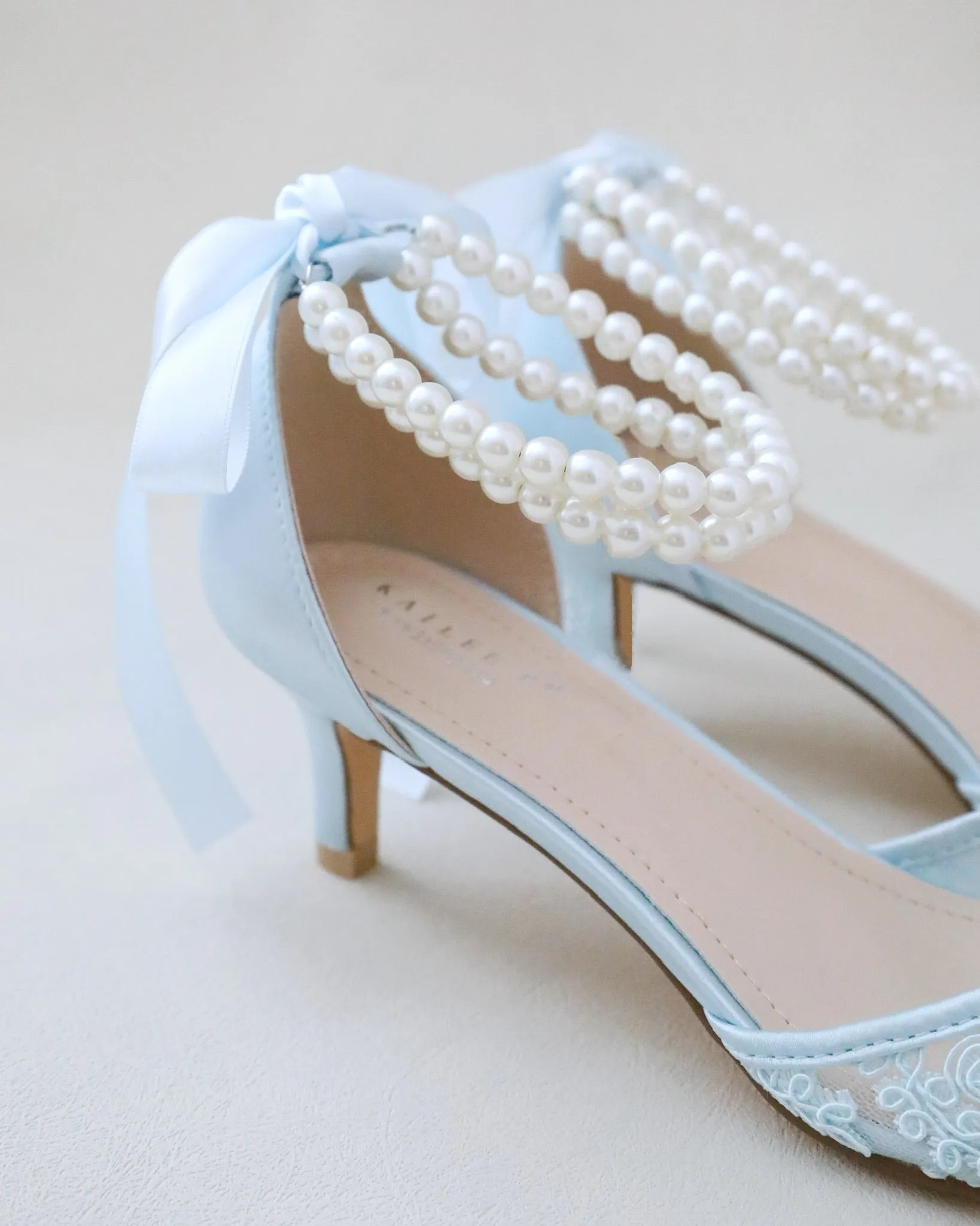 Crochet Lace Pointy Toe Wedding Low Heels with Double Pearl Strap