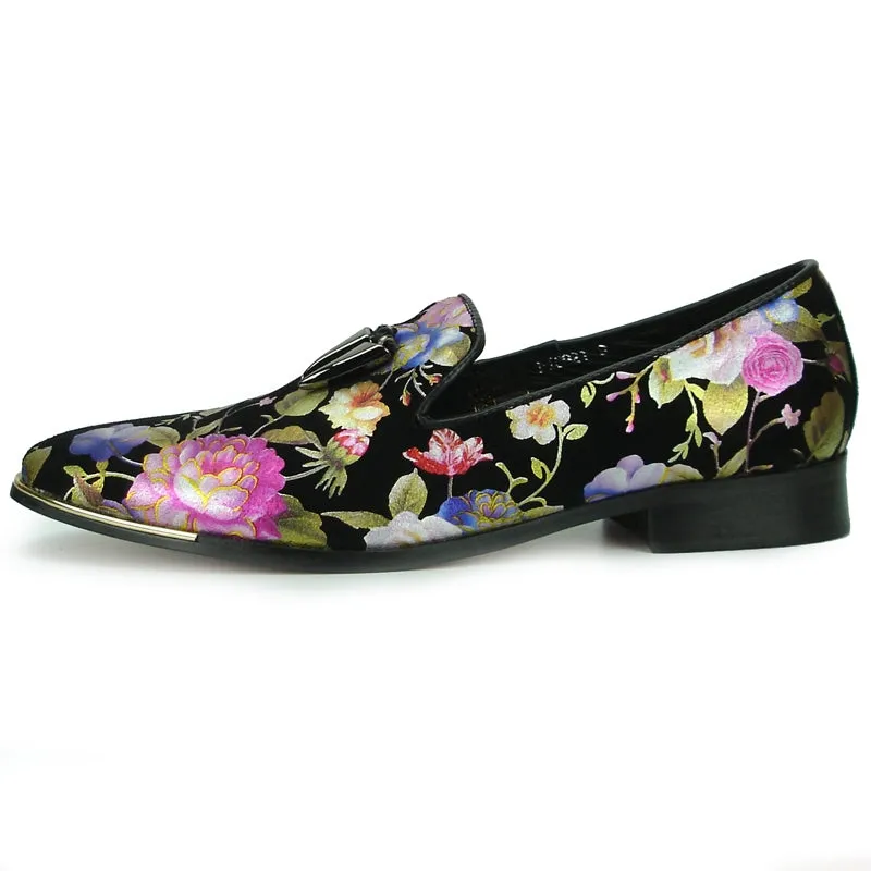 Fiesso Black Roses Floral Suede Slip-on Dress Shoes FI 6921