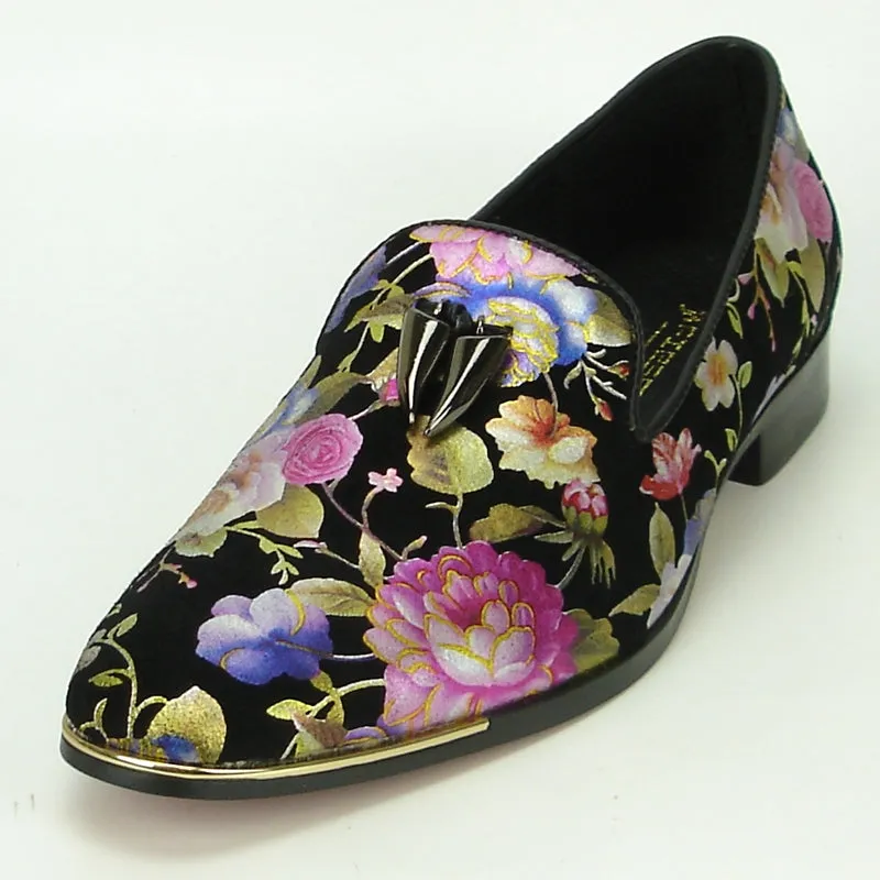 Fiesso Black Roses Floral Suede Slip-on Dress Shoes FI 6921