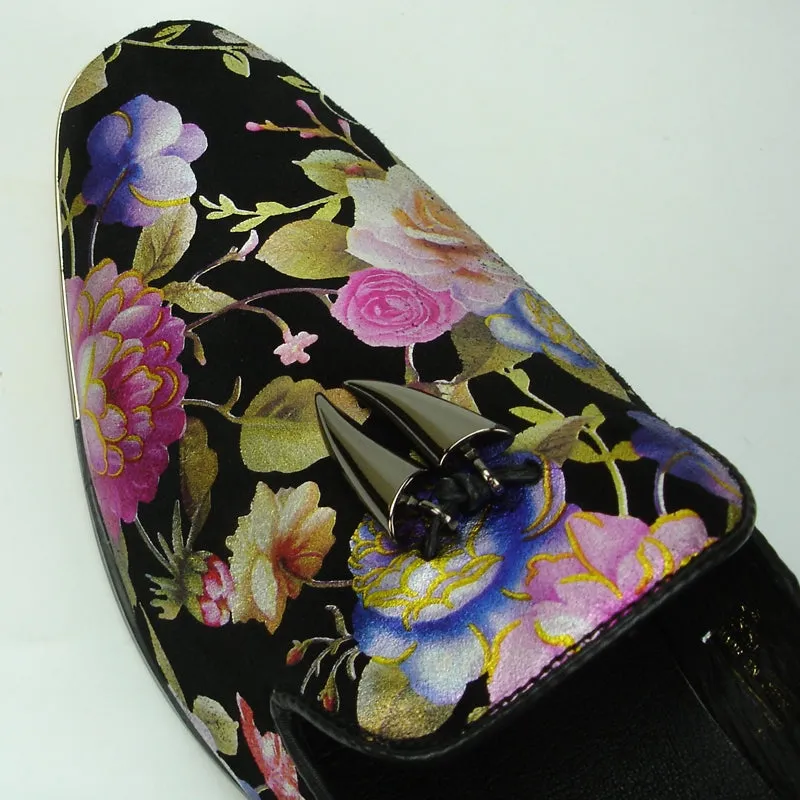 Fiesso Black Roses Floral Suede Slip-on Dress Shoes FI 6921