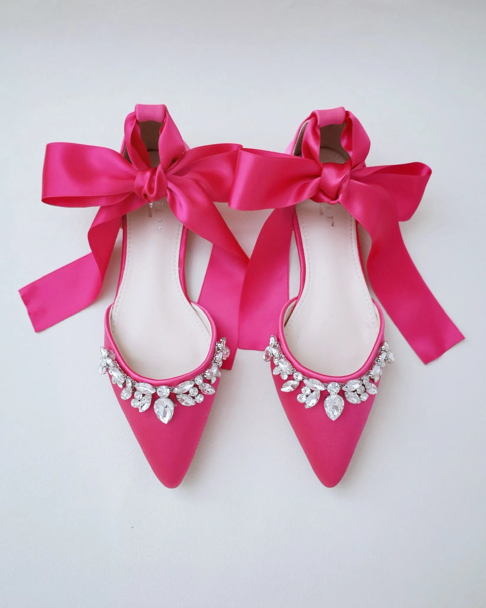 Fuchsia Satin Pointy Toe Flats with Teardrop Rhinestones