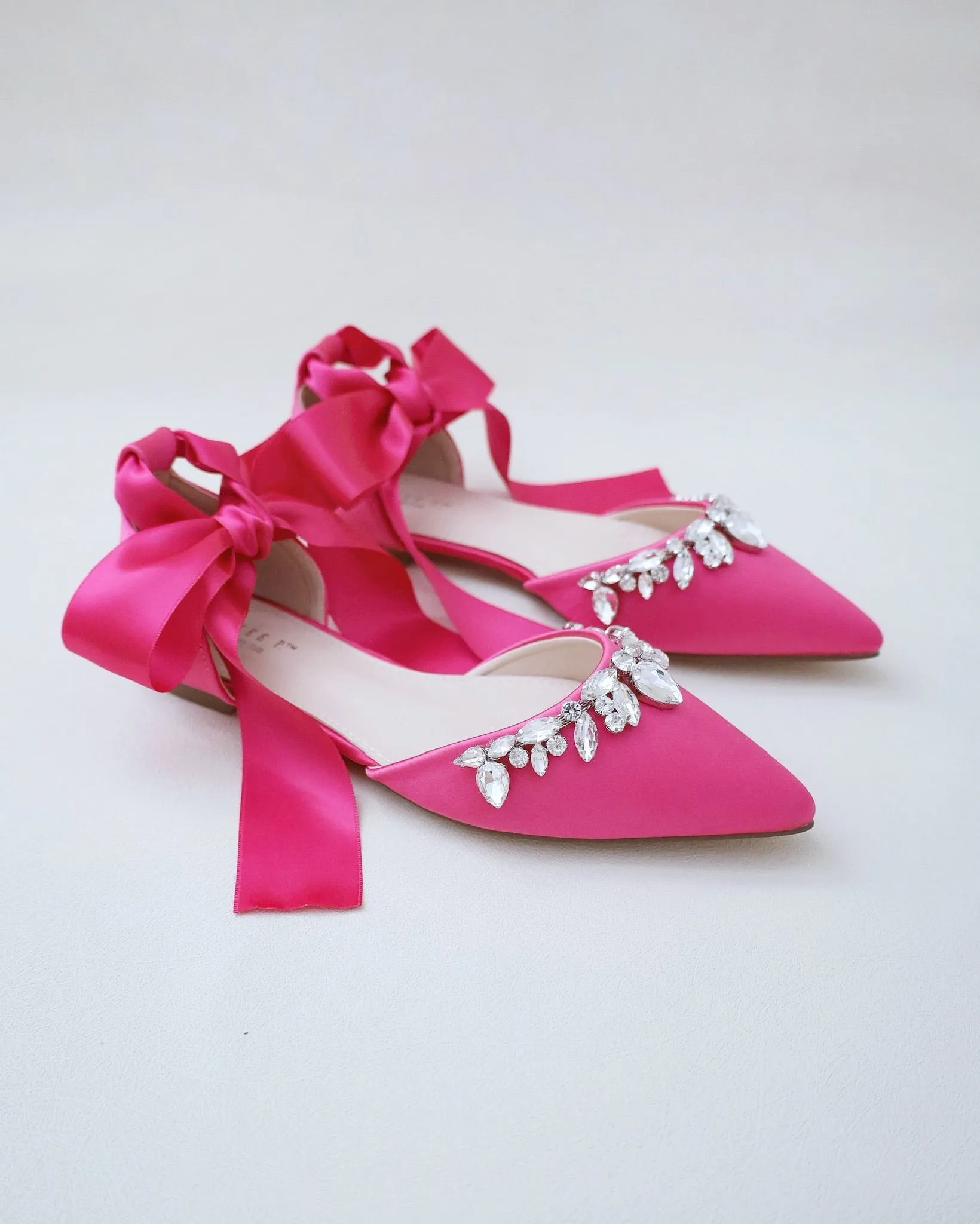 Fuchsia Satin Pointy Toe Flats with Teardrop Rhinestones