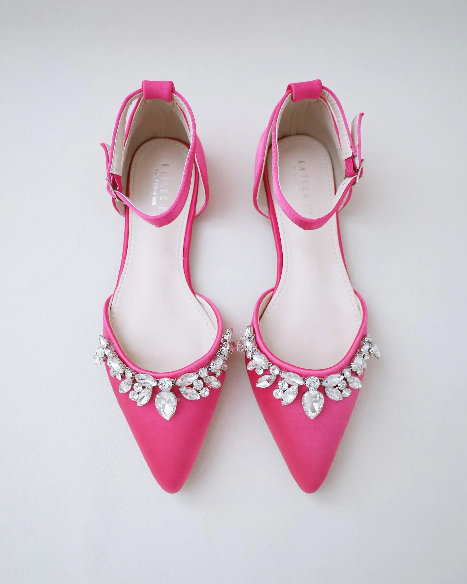 Fuchsia Satin Pointy Toe Flats with Teardrop Rhinestones