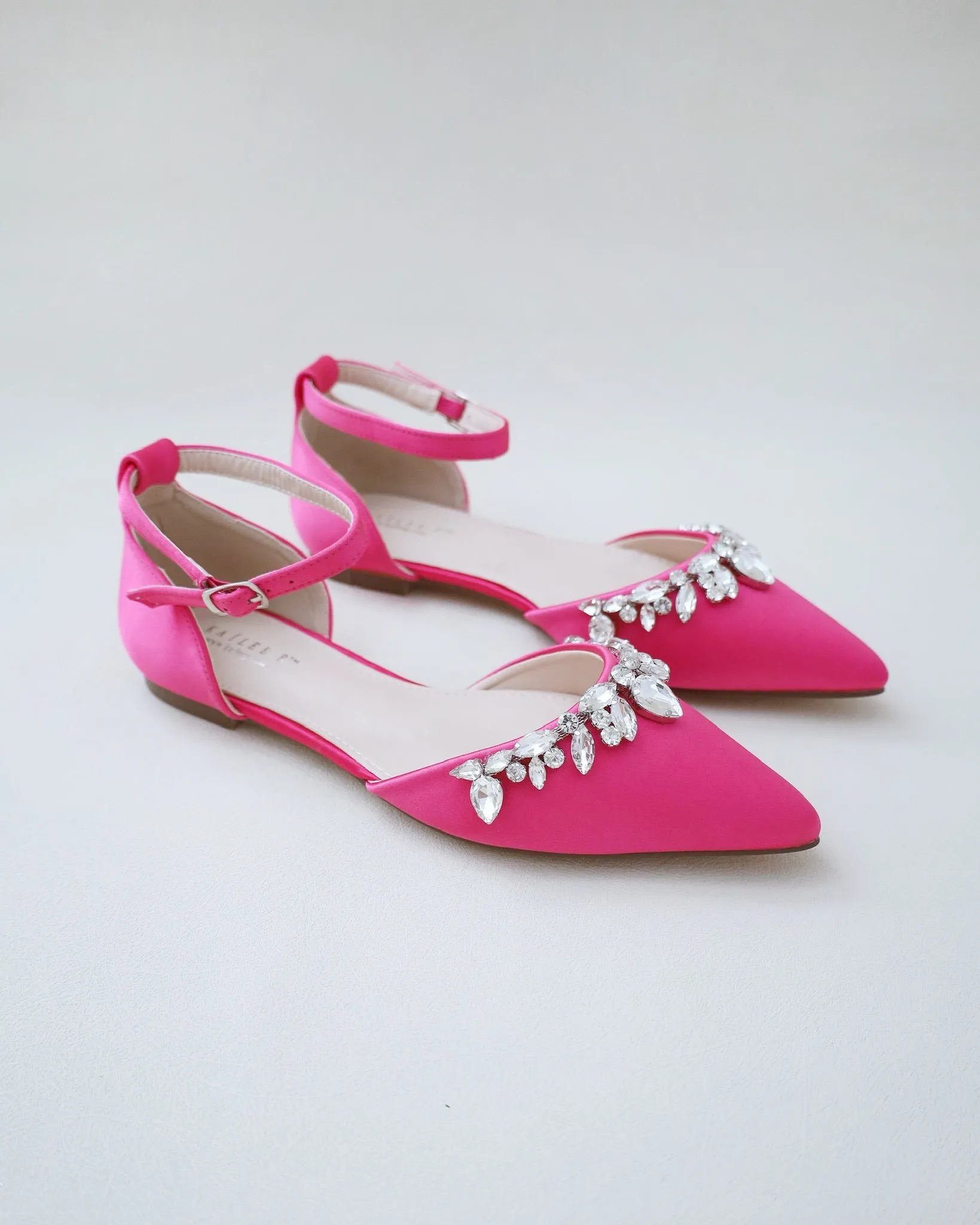 Fuchsia Satin Pointy Toe Flats with Teardrop Rhinestones