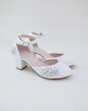 Girls Satin Block Heel with Rhinestones Chassia Flowers