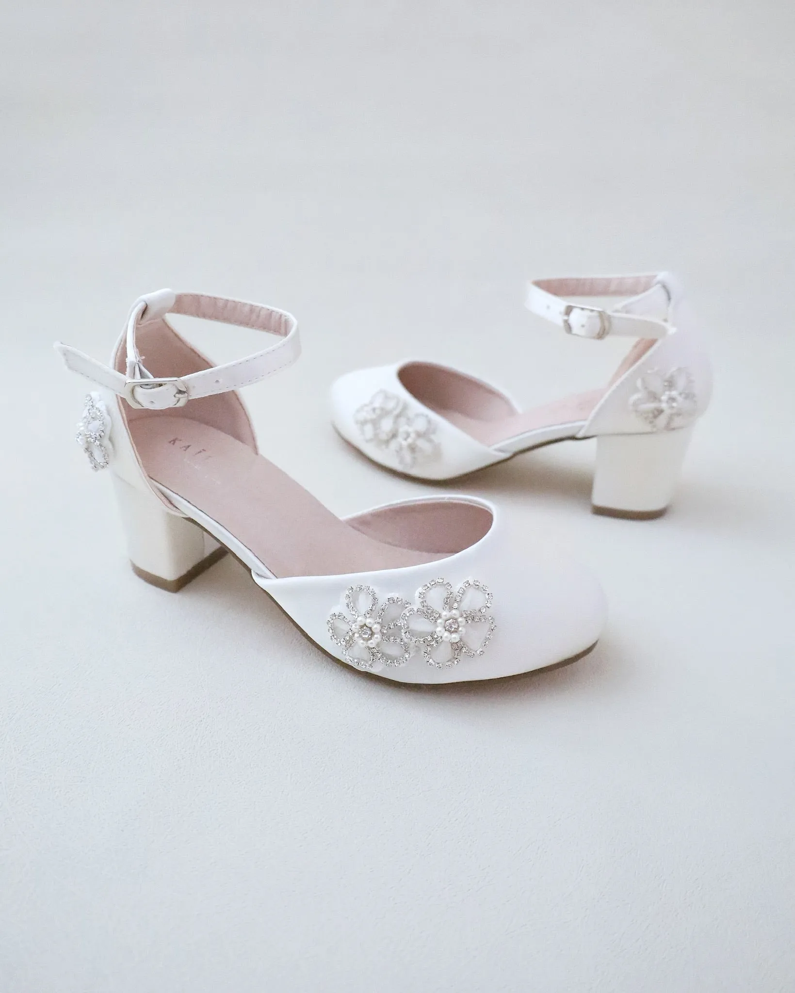 Girls Satin Block Heel with Rhinestones Chassia Flowers