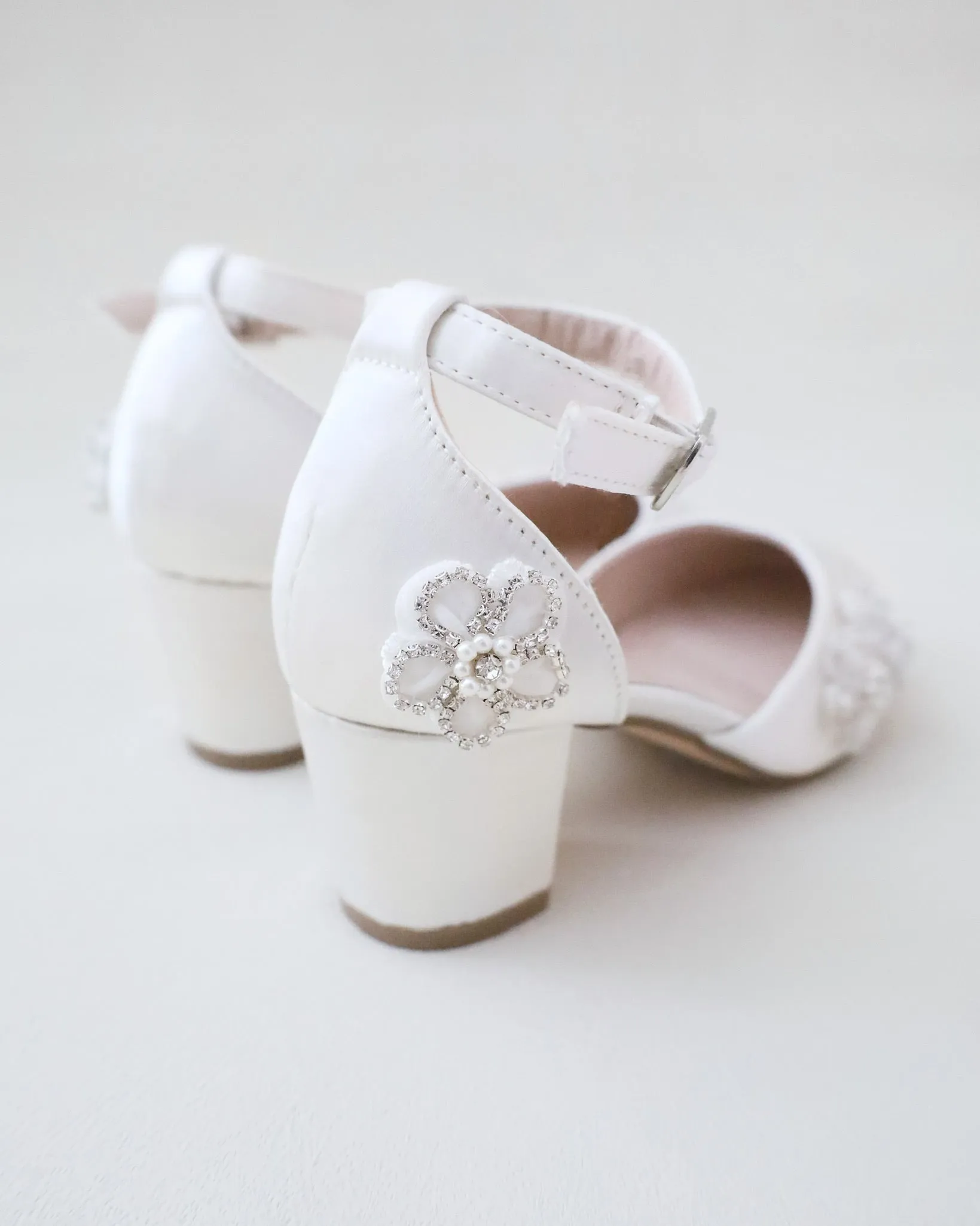 Girls Satin Block Heel with Rhinestones Chassia Flowers