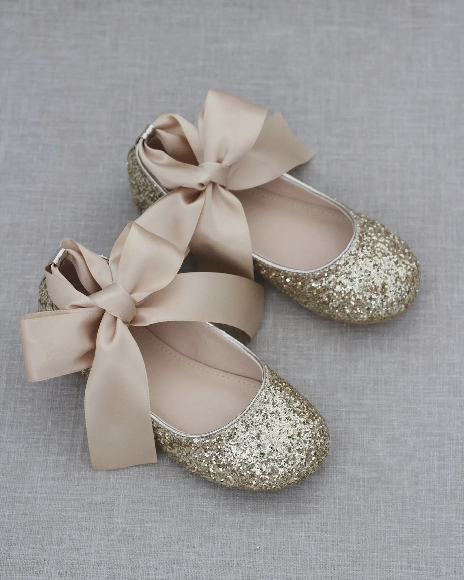 Gold Rock Glitter Ballet Flats with Satin Ankle Strap