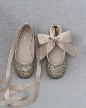 Gold Rock Glitter Ballet Flats with Satin Ankle Strap