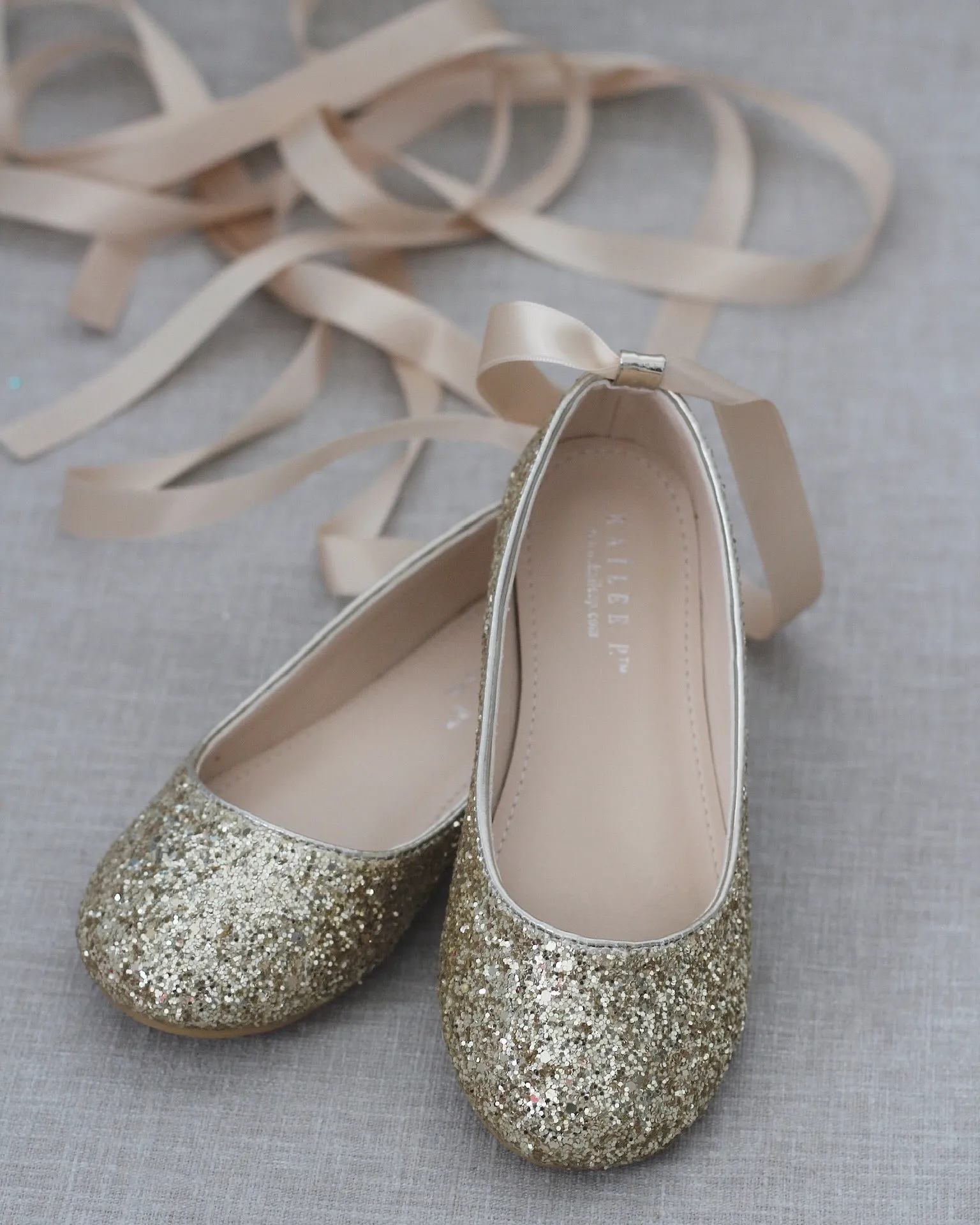 Gold Rock Glitter Ballet Flats with Satin Ankle Strap