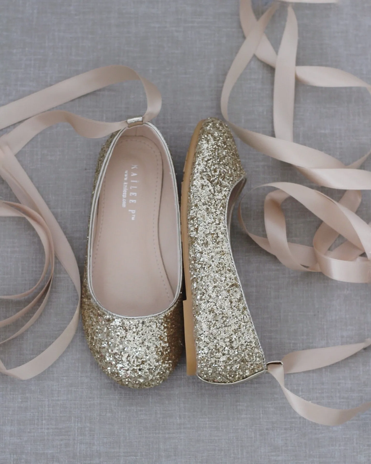 Gold Rock Glitter Ballet Flats with Satin Ankle Strap