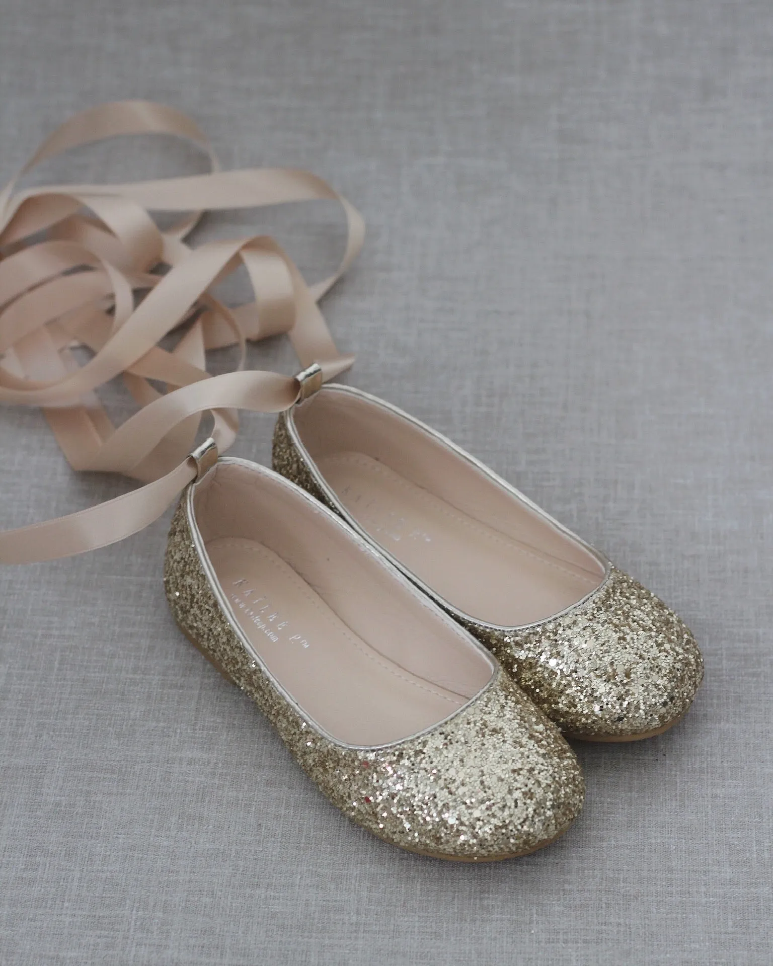 Gold Rock Glitter Ballet Flats with Satin Ankle Strap