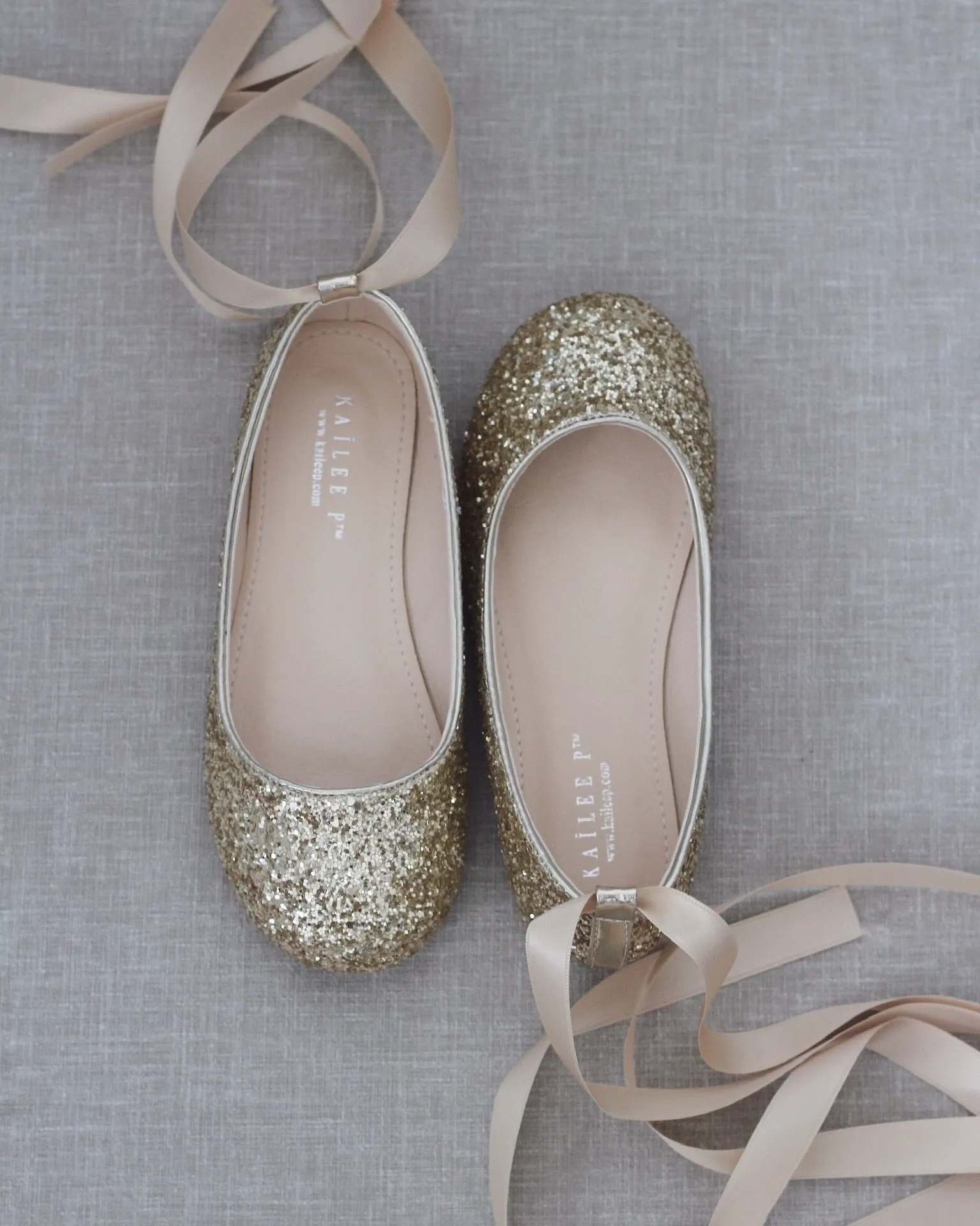 Gold Rock Glitter Ballet Flats with Satin Ankle Strap