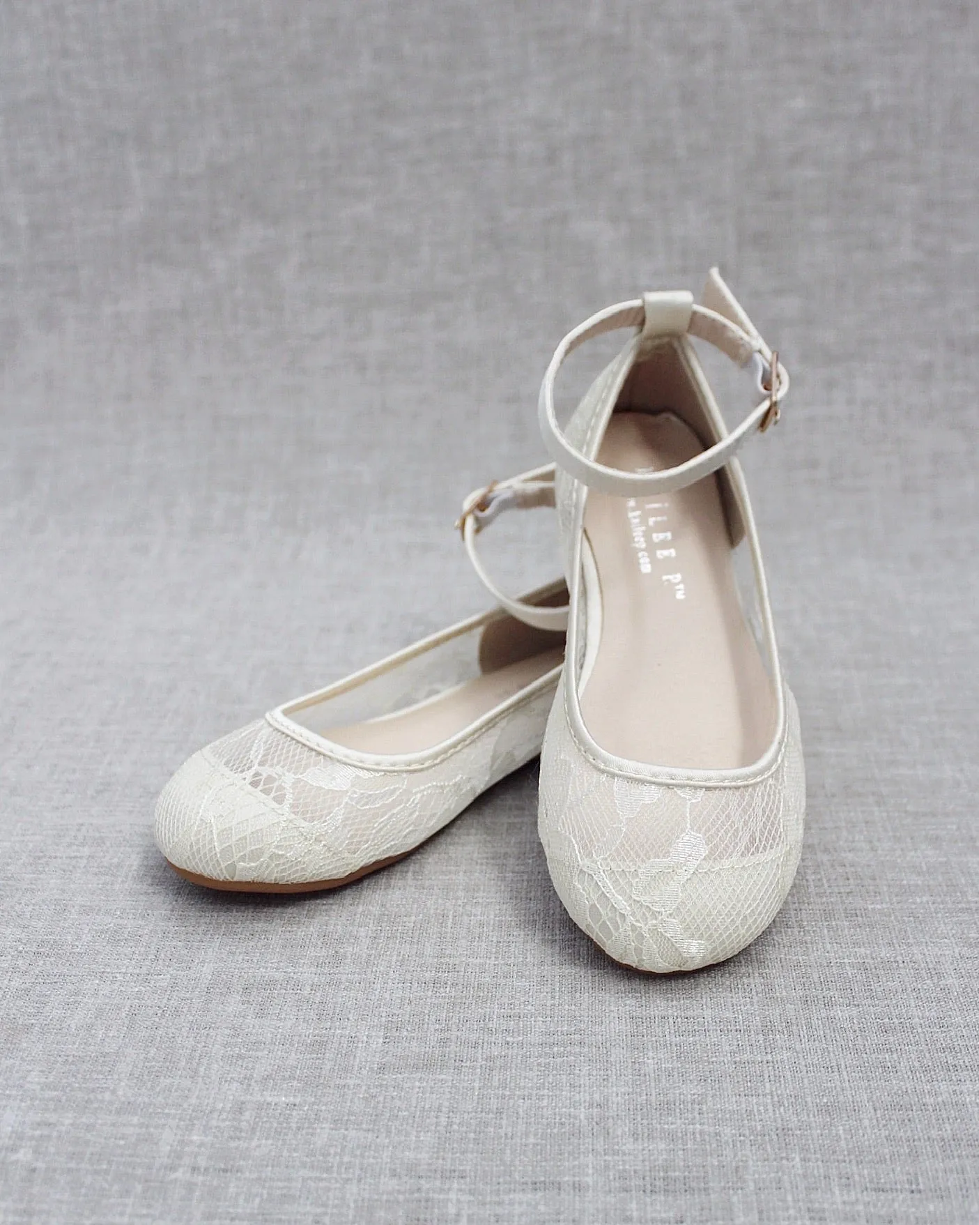 Ivory New Lace Ballet Flats with Ankle Strap