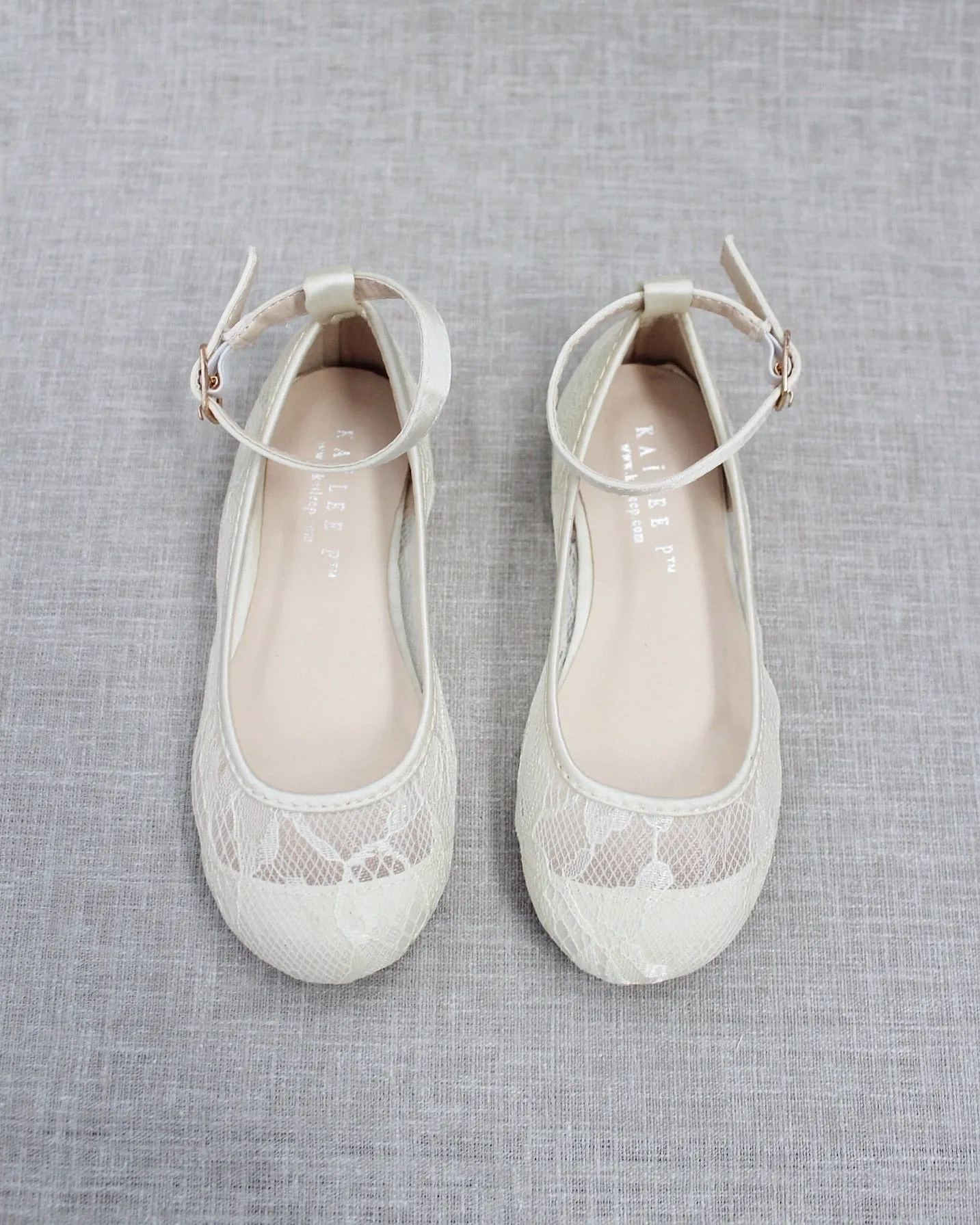 Ivory New Lace Ballet Flats with Ankle Strap