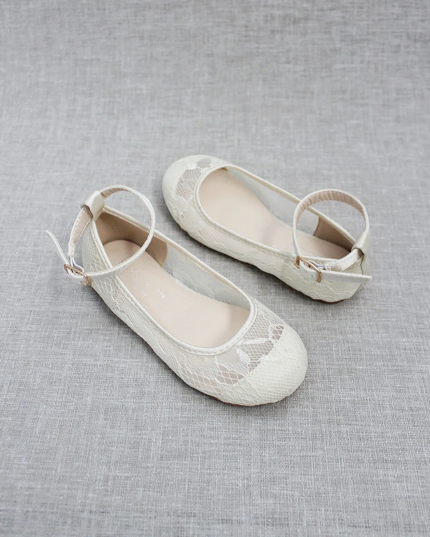 Ivory New Lace Ballet Flats with Ankle Strap