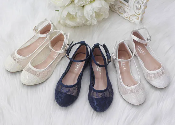 Ivory New Lace Ballet Flats with Ankle Strap