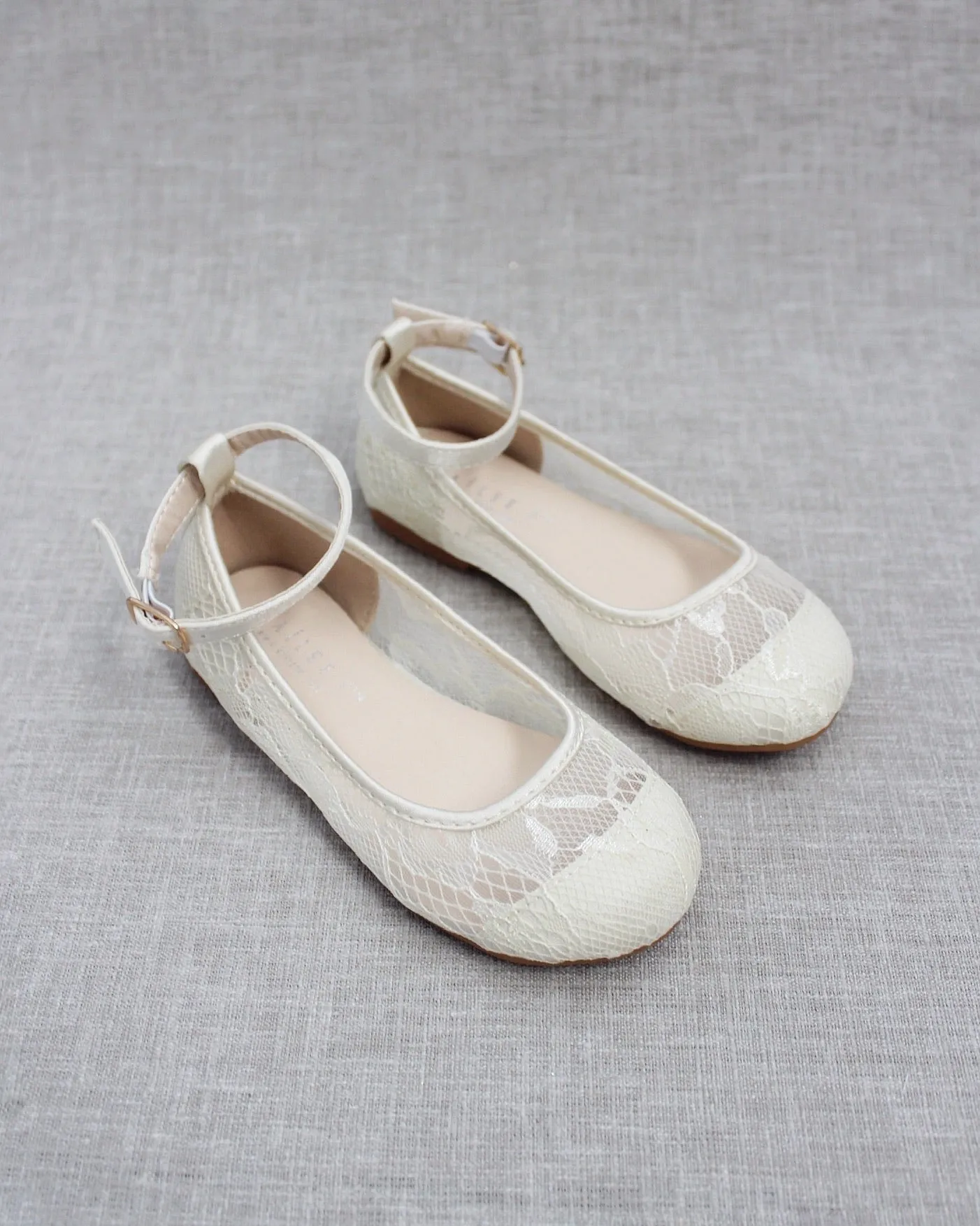 Ivory New Lace Ballet Flats with Ankle Strap