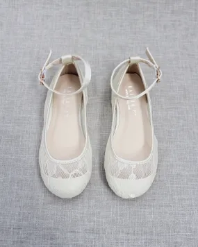 Ivory New Lace Ballet Flats with Ankle Strap