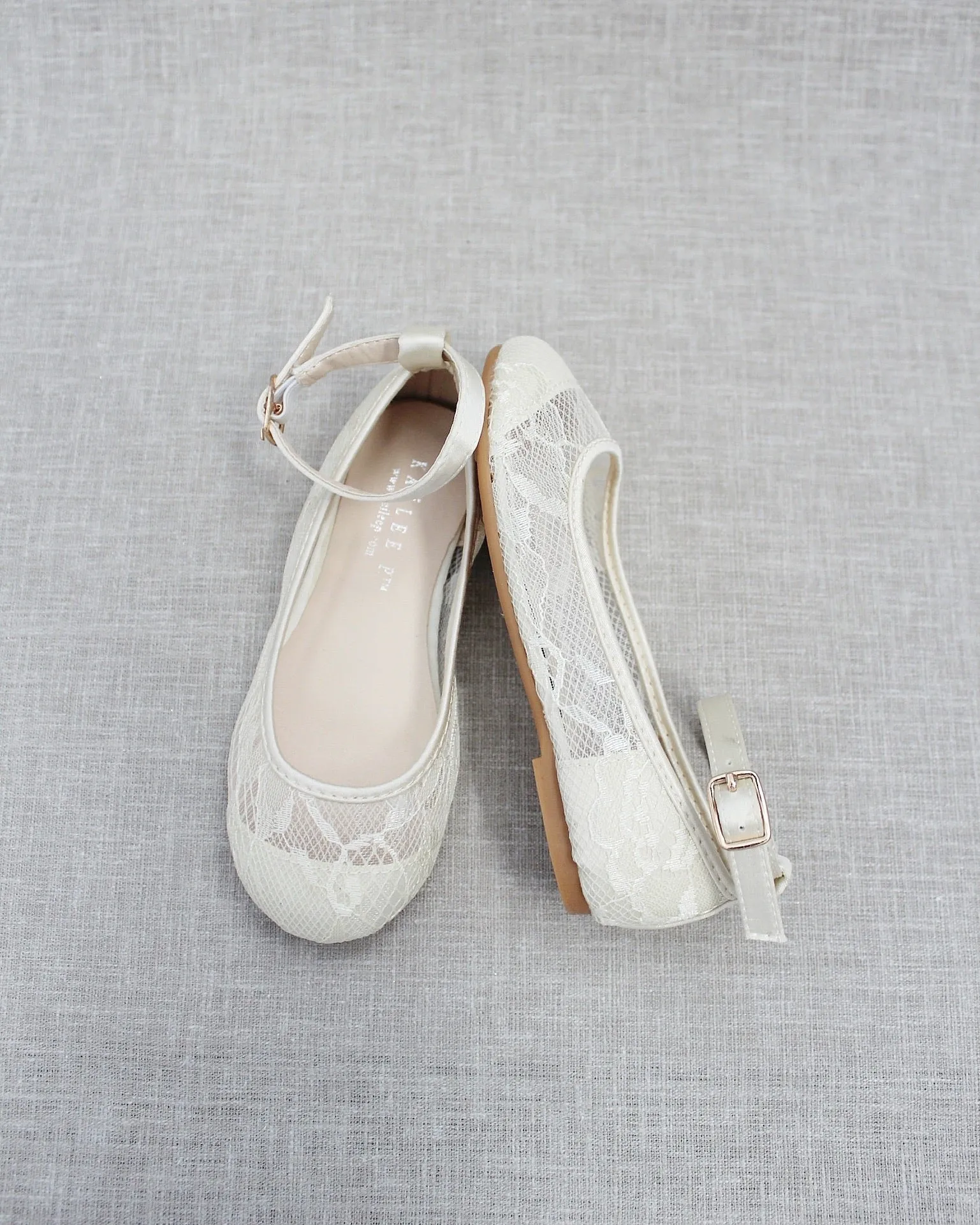 Ivory New Lace Ballet Flats with Ankle Strap