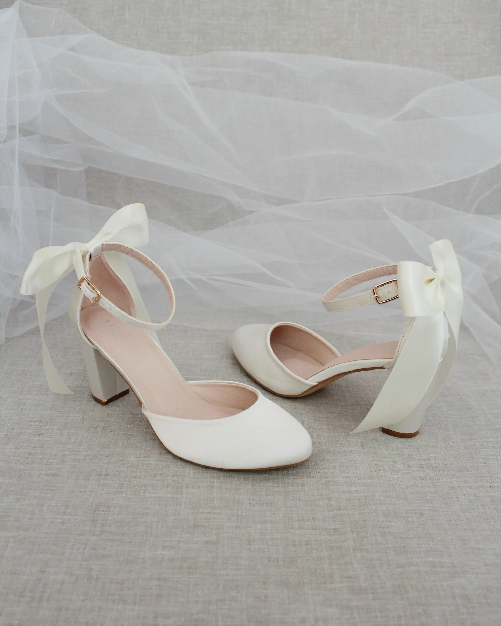 Elegant Ivory Satin Block Heel Shoes with Back Bow Detail for Women